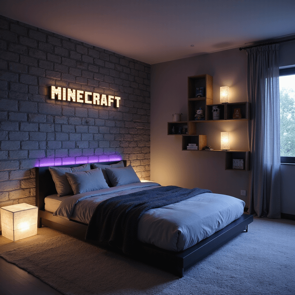 A minimalist teen bedroom with a Minecraft aesthetic, featuring gray block walls, an obsidian-inspired bed frame, LED pixel art typography, and floating cubic shelves, illuminated by square paper lanterns at twilight.