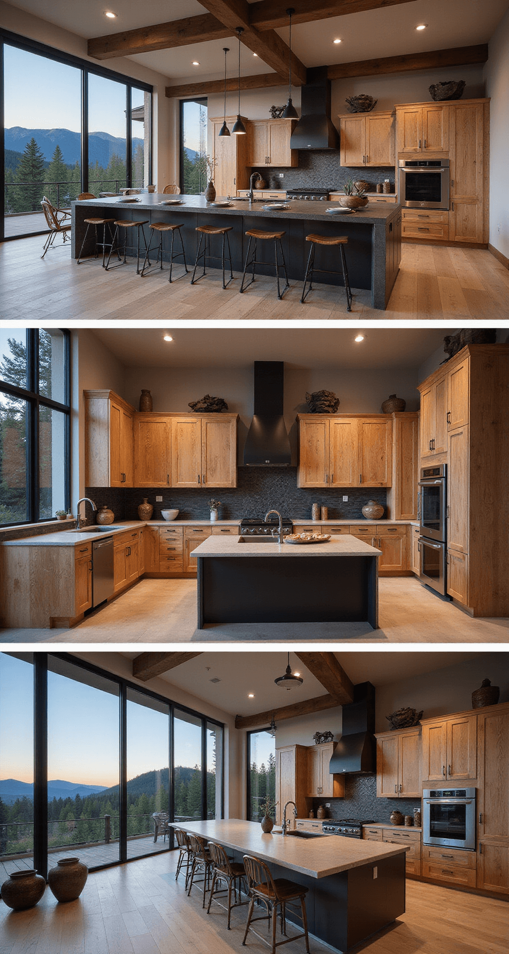 A contemporary mountain retreat kitchen with rustic alder cabinets, floor-to-ceiling windows showcasing a mountain view, a massive center island with waterfall edges, and blackened steel accents, styled with modern pottery and geometric patterns in warm evening light.