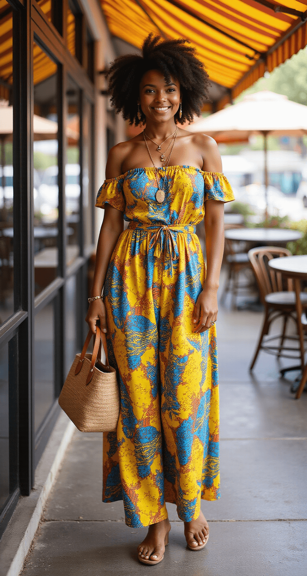 10 Must-Have Plus-Size Outfit Ideas for Black Women A woman in a vibrant African wax print maxi dress, featuring yellows, blues, and oranges, sits in an airy outdoor cafe. The off-shoulder neckline reveals her collarbone adorned with delicate gold necklaces. She has natural hair styled in twists, a woven handbag by her side, and leather sandals on her feet. The midday light filters through a striped awning, with a bokeh effect in the background, enhancing the scene's charm.