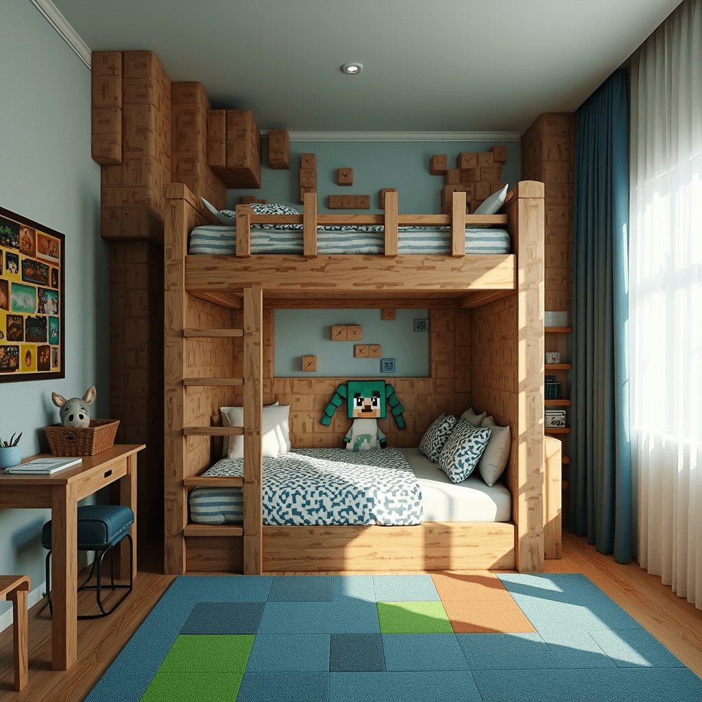 Overhead view of a 11x13ft child's bedroom designed with a Minecraft theme, featuring a bunk bed resembling dirt blocks, a magnetic pixel art accent wall, vinyl 'water block' flooring, and a multifunctional crafting table, all bathed in morning light.