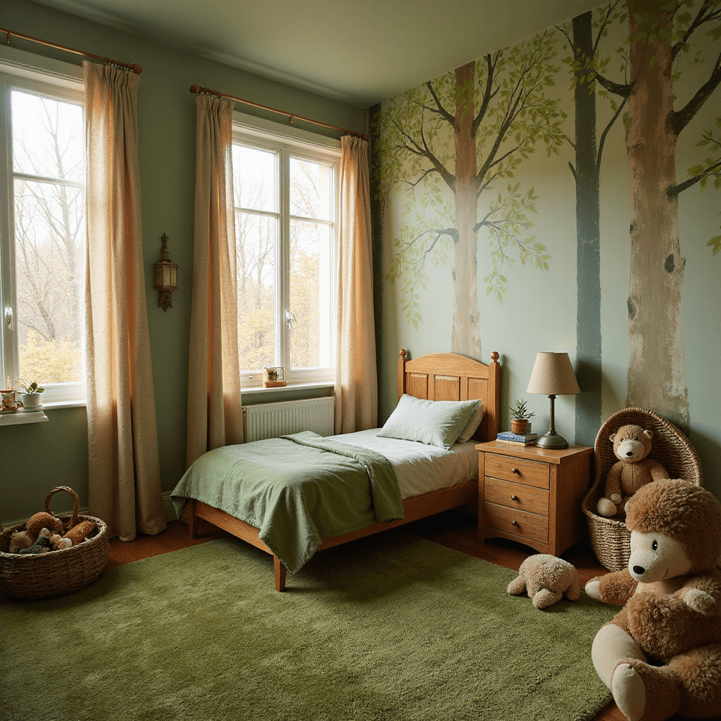A whimsical woodland-themed children's bedroom with a twin bed, bay window, hand-painted tree murals, and natural wood furniture, featuring warm sunlight filtering through sheer botanical curtains and a cozy reading nook filled with stuffed woodland creatures.