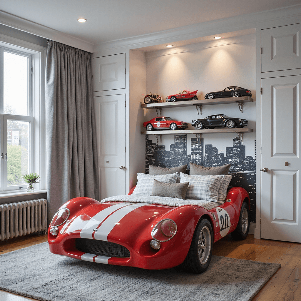 Brightly lit modern kids' bedroom featuring a striking red race car bed, a custom cityscape mural, gray and white striped bedding, and floating shelves with vintage toy cars in a contemporary 10x12' space.