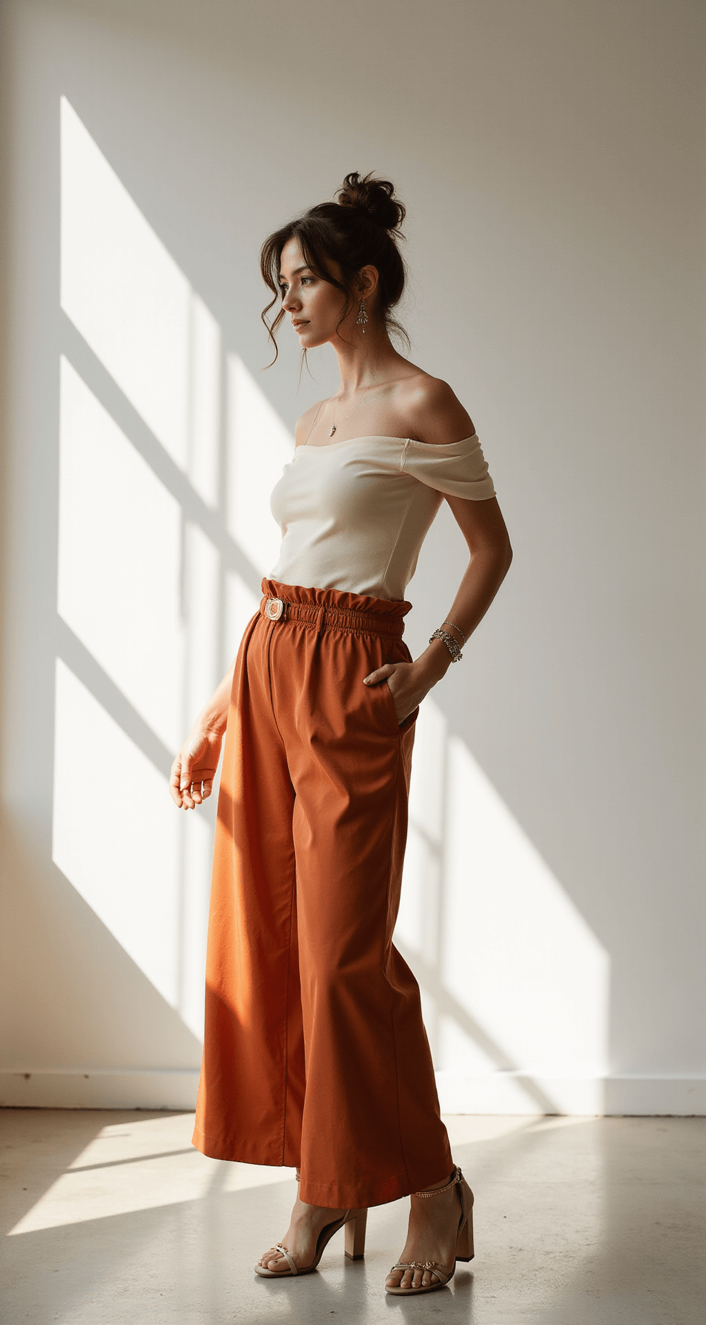 10 Must-Have Plus-Size Outfit Ideas for Black Women A model wearing rust orange silk high-waisted palazzo pants and an off-shoulder cream bodysuit poses in a minimalist studio space, with diffused natural light highlighting her outfit. She accessorizes with a gold belt at her waist and multiple delicate anklets above nude block heels, showcasing her protective style with passion twists. The side angle shot captures the flowing movement of the pants.
