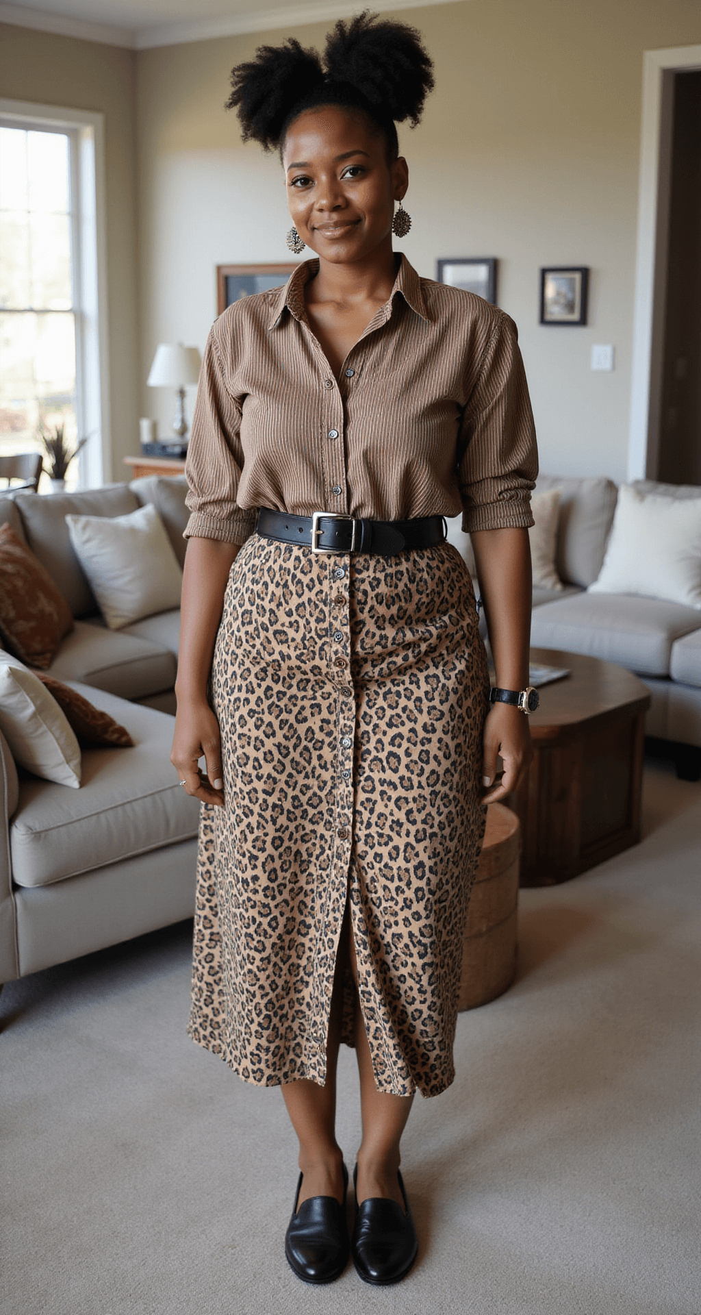 10 Must-Have Plus-Size Outfit Ideas for Black Women A contemporary living room bathed in late afternoon light features a size 20 woman wearing a mixed pattern outfit—a leopard print midi skirt and a striped button-down in earth tones. Her waist is accentuated with a wide black belt, and she sports statement earrings. Her natural hair is styled in bantu knots, and leather mules are visible. The shot is taken from a slight overhead angle, highlighting the interplay of patterns.