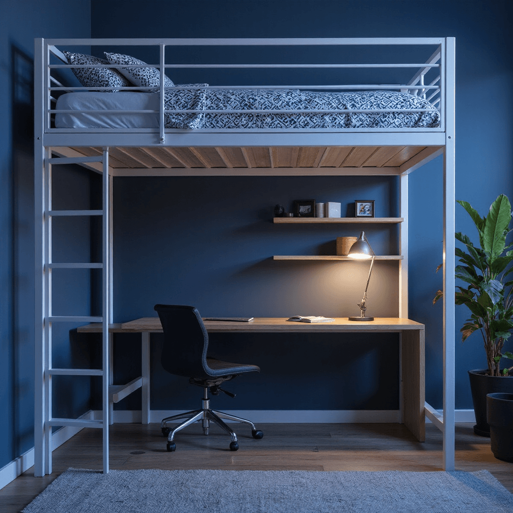 Sophisticated loft bed setup in a navy and gray room, featuring a white metal loft bed with a built-in desk below, illuminated by cool LED strip lighting and task lights. The space showcases Scandinavian-style furniture with geometric patterns and floating shelves, captured from a low angle to highlight vertical space. The moody evening atmosphere is complemented by strategic accent lighting.