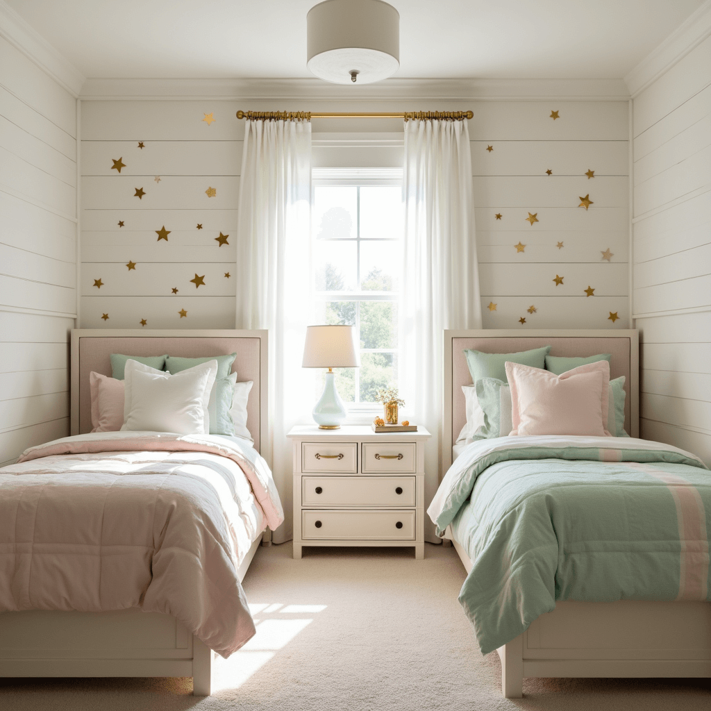 Symmetrical shared kids' room featuring twin beds with blush pink and mint green linens, white shiplap walls with golden star decals, and custom cream storage with brass hardware, all illuminated by soft morning light.