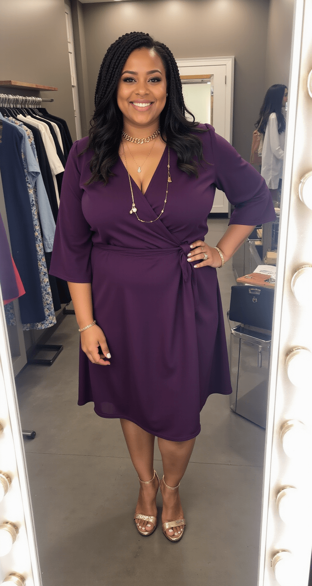 10 Must-Have Plus-Size Outfit Ideas for Black Women A plus-size influencer in a deep amethyst wrap dress with three-quarter sleeves stands in a boutique dressing room, framed by ring lighting. She accessorizes with layered gold necklaces and has her hair styled in goddess braids. Metallic heeled sandals can be seen in the mirror, capturing a stylish moment.