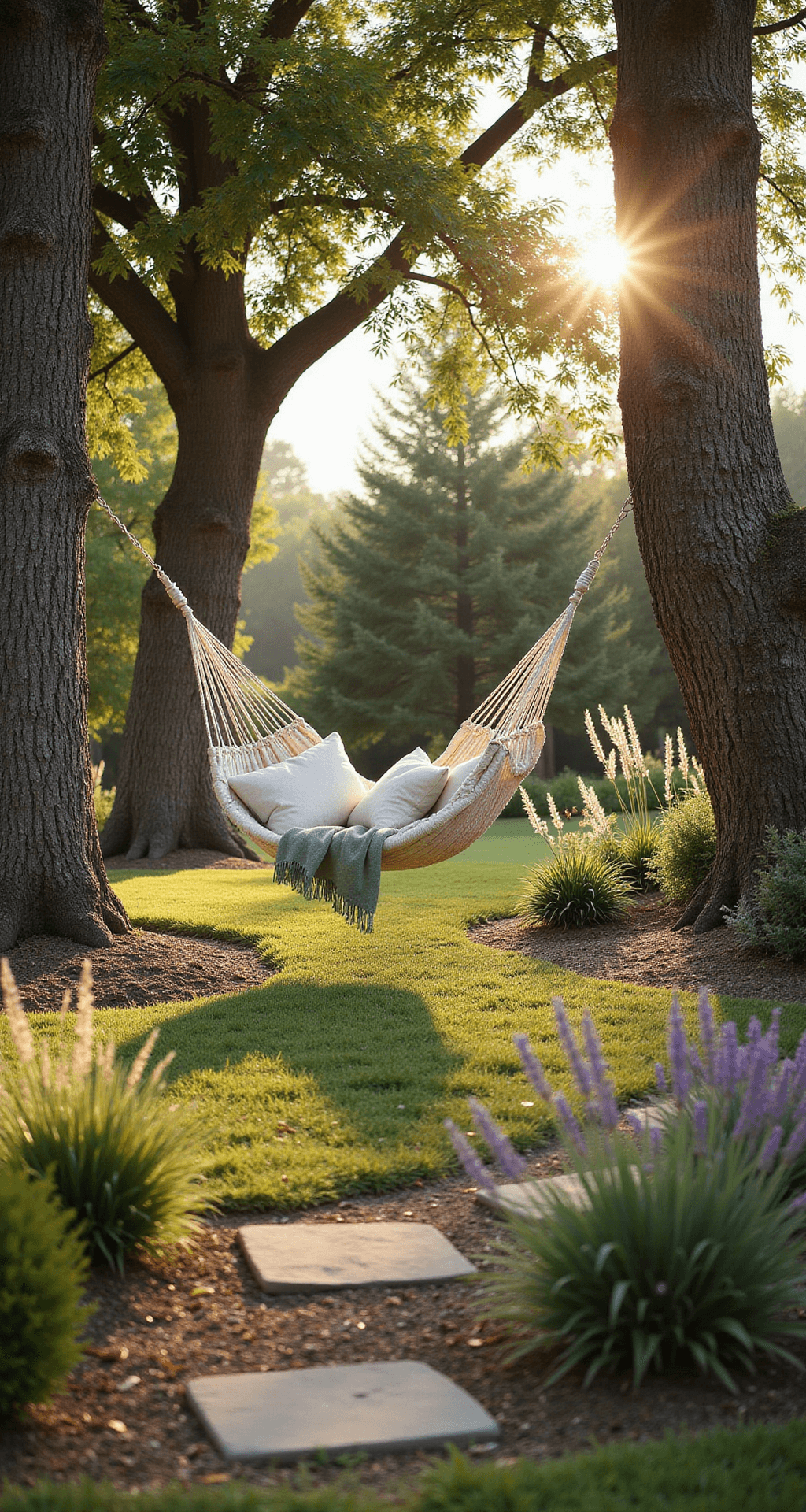 A tranquil backyard scene at golden hour featuring two mature oak trees with a white rope hammock dressed in cream pillows and a sage green throw, surrounded by swaying lavender and ornamental grasses, with a blurred natural stone pathway leading to the hammock.