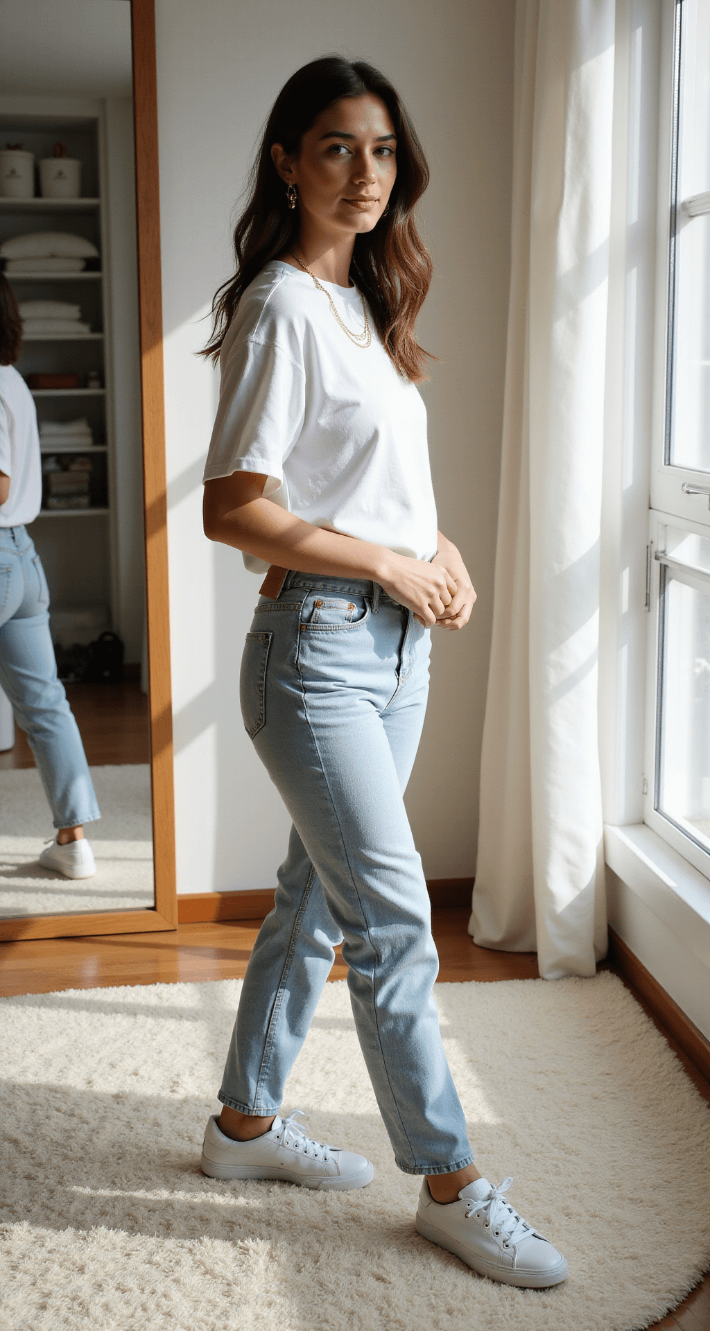 A young woman styles her outfit in a sun-drenched minimalist bedroom, featuring floor-to-ceiling windows and soft morning light. She wears high-waisted light wash jeans, an oversized white tee, and white leather sneakers, accessorized with delicate gold jewelry. The room has modern white furniture, a plush cream rug, and an organized closet, captured at an angle with a shallow depth of field.