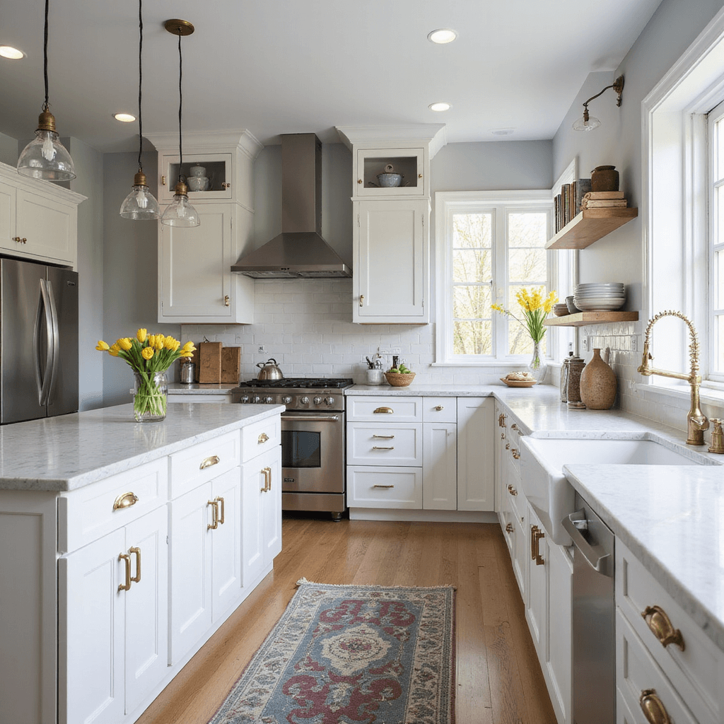A bright kitchen with white cabinets, light gray walls, a white marble island with yellow tulips, open shelving with pottery and cookbooks, stainless steel appliances, brass hardware, and a vintage rug, illuminated by morning sunlight.