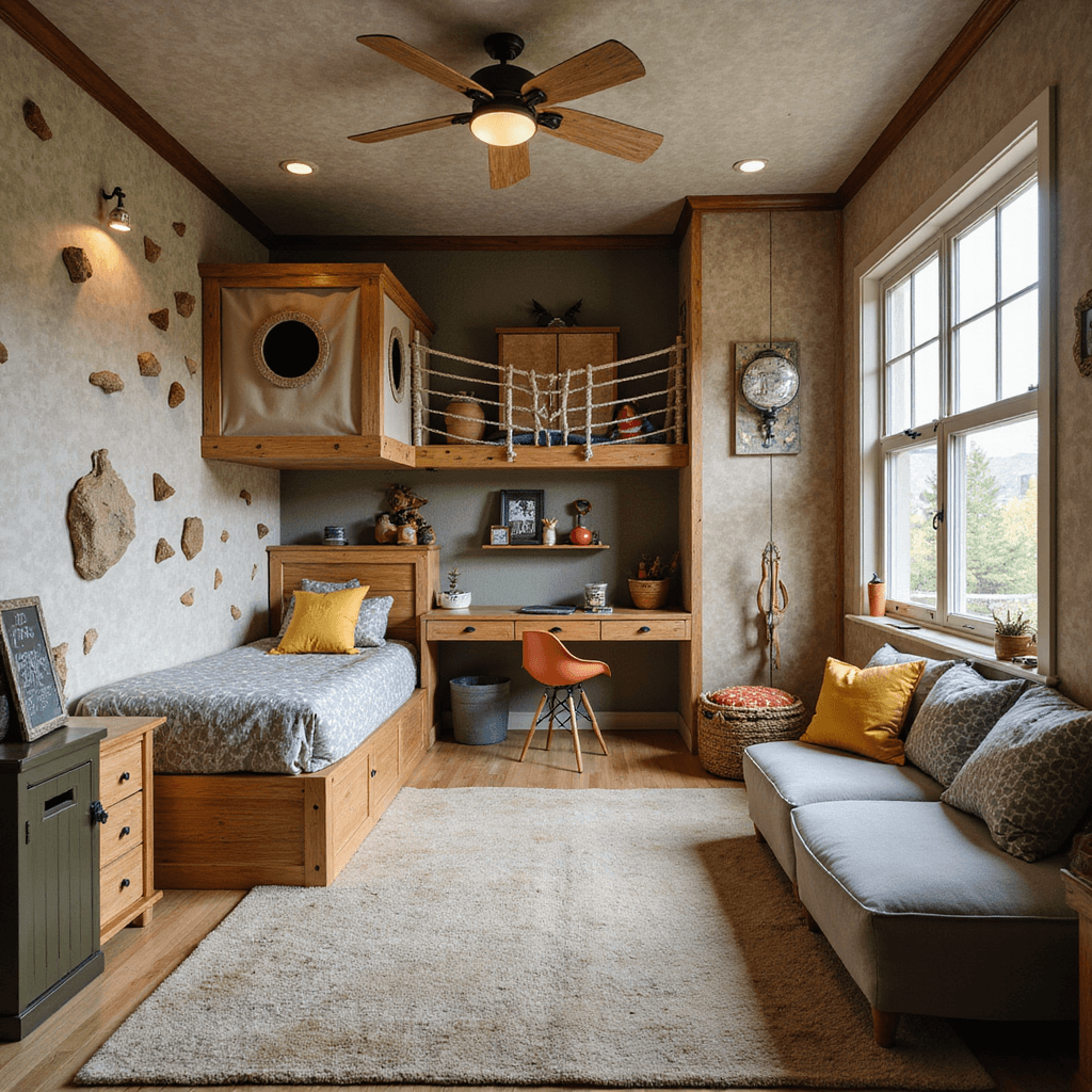 A vibrant adventure-themed playroom-bedroom featuring a climbing wall, rope bridge to a reading nook, and a built-in fort, all set in a cozy 15x15' corner room. The earthy color palette is accented with bright primary-colored toys and accessories, complemented by natural wood elements and canvas storage. Textured wallpaper mimics topographic maps, while multiple light sources enhance the playful atmosphere. The elevated perspective showcases the dynamic layout and organized chaos of the space.