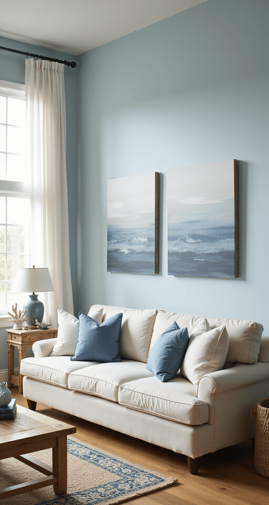 A coastal-inspired living room featuring pale powder blue walls, a cream linen sofa, and weathered white oak furniture, illuminated by morning light through floor-to-ceiling windows, with a natural jute rug layered with a geometric blue-grey design, seascape artwork above the sofa, and styled with coral accents and textured blue throw pillows.