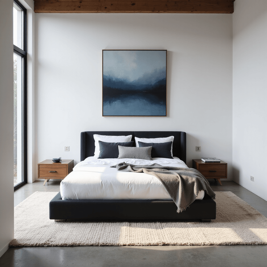 A modern minimalist bedroom featuring a low-profile black platform bed, white walls, and floor-to-ceiling windows that let in morning light. The room includes floating walnut nightstands, crisp white linens with a dove gray cashmere throw, and charcoal velvet pillows. An oversized abstract canvas in blues and grays hangs above the headboard, while polished concrete floors are softened by a plush cream Moroccan rug. The image is taken from a 45-degree angle, highlighting the room's depth and texture.