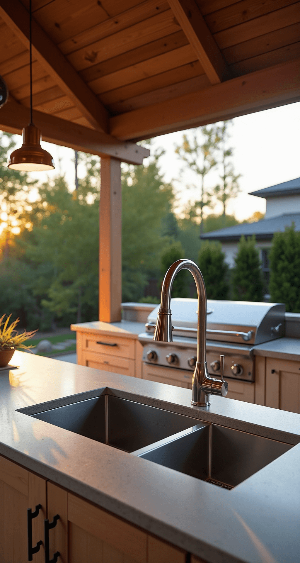 Modern outdoor kitchen on a covered patio featuring a sleek stainless steel workstation sink, polished concrete counters, and natural oak cabinetry, illuminated by warm evening light filtering through pergola slats.