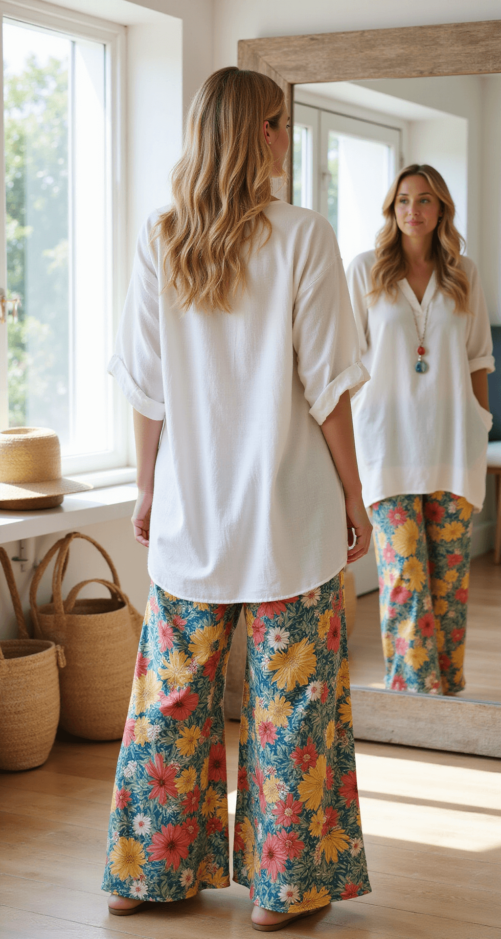 A plus-size model trying on a white linen tunic over colorful palazzo pants in a bright beach boutique, with morning light illuminating the airy space and a full-length mirror reflecting the outfit's flattering proportions.