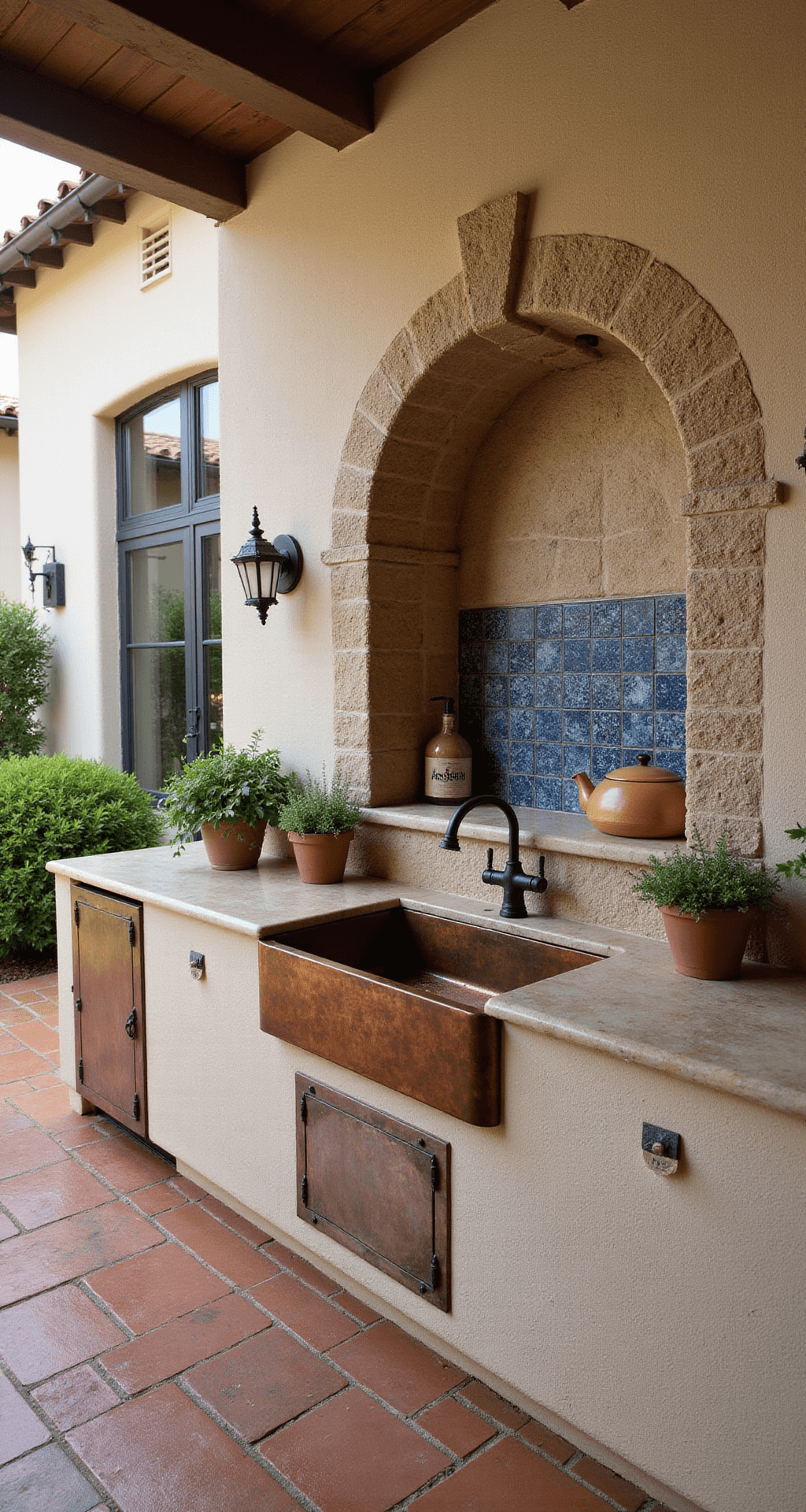 Luxury Mediterranean-style outdoor kitchen featuring a hammered copper farmhouse sink in an arched stone alcove, weathered limestone counters, and blue mosaic tile details, all set in a 20x30ft courtyard with terracotta tiles, potted herbs, and wrought iron fixtures under bright natural lighting.