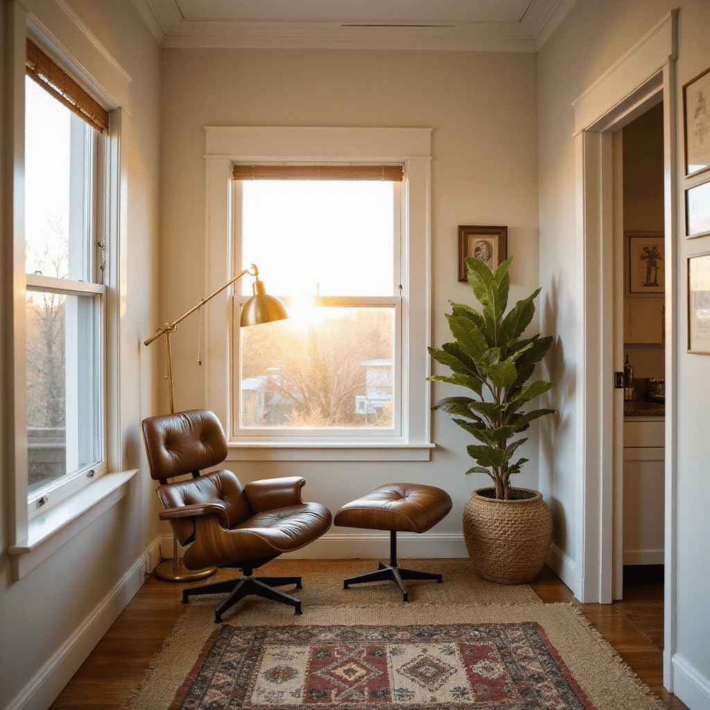 Mid-century modern bedroom corner vignette featuring a walnut Eames lounge chair, brass floor lamp, handwoven jute rug layered under vintage kilim, and a fiddle leaf fig in a ceramic planter, all bathed in warm sunset glow against warm white walls and original crown molding.