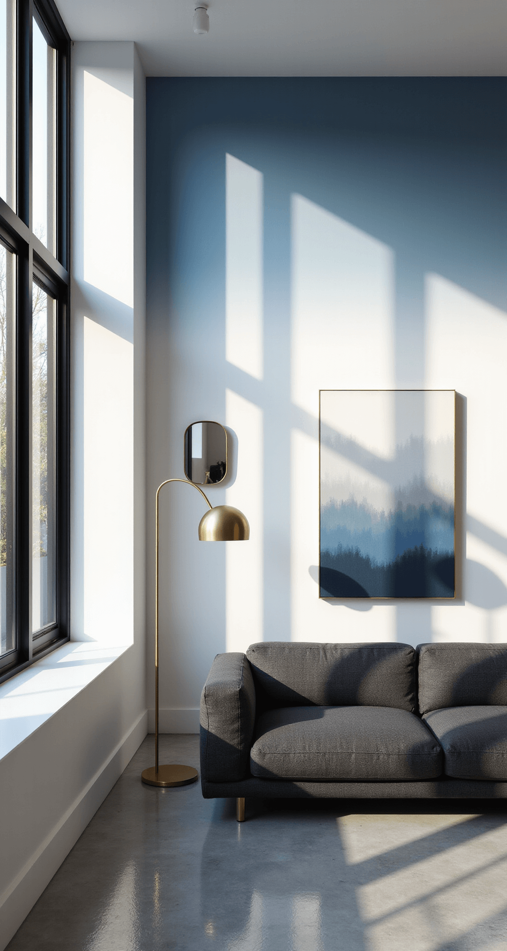 Modern minimalist living space with an ombre accent wall in blue and white, featuring a charcoal sectional, brass floor lamp, and polished concrete floors, illuminated by late afternoon light casting shadows through black-framed windows.