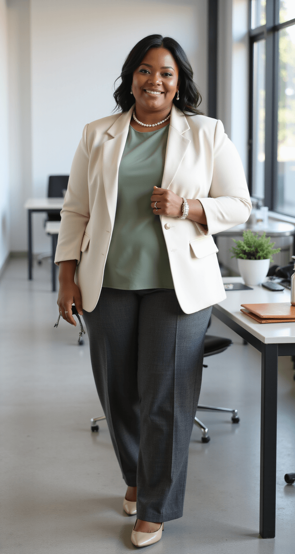 A plus-size professional in a cream blazer and sage green shell top, standing confidently in a modern minimalist office with floor-to-ceiling windows, showcasing a polished look with charcoal wide-leg pants, pearl accessories, and nude block heels, beside a sleek desk with a leather portfolio and metallic water bottle.