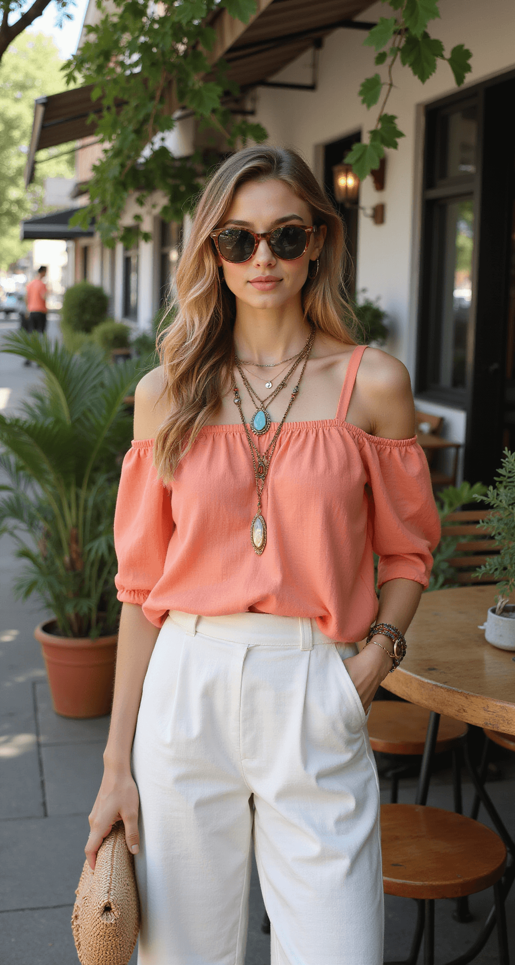 A woman in an off-shoulder coral blouse and white linen wide-leg pants sits at a bohemian outdoor café, surrounded by potted plants and rustic wooden furniture, with dappled sunlight filtering through the tree canopy. She accessorizes with layered necklaces and oversized sunglasses, her hair in loose waves and natural makeup, captured in a lifestyle documentary style from street level.