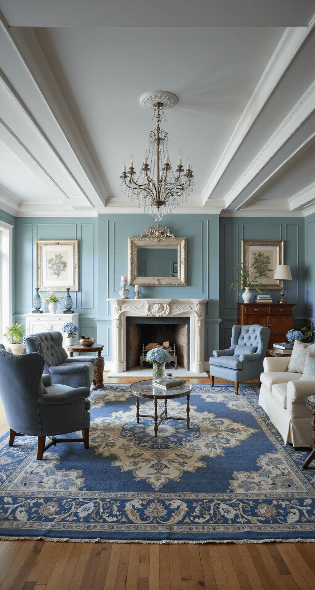 A traditional living room featuring a coffered ceiling and duck egg blue wainscoting, with a marble fireplace and a large crystal chandelier. Slate velvet wing chairs and a cream leather rolled-arm sofa are arranged around a Persian rug, alongside antique mahogany side tables adorned with blue-and-white chinoiserie and fresh hydrangeas, all highlighted by dramatic afternoon light.