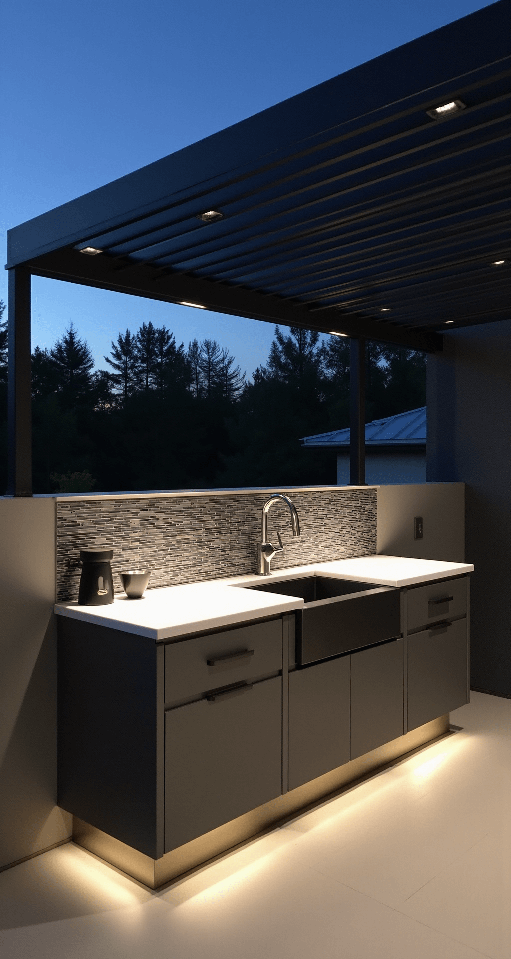 Contemporary minimal outdoor kitchen at twilight featuring a covered deck with a black aluminum pergola, undermount black stainless sink against a white quartz countertop, and glass mosaic backsplash; image taken from an elevated position highlighting sleek lines, monochromatic colors, and chrome fixtures reflecting ambient light.