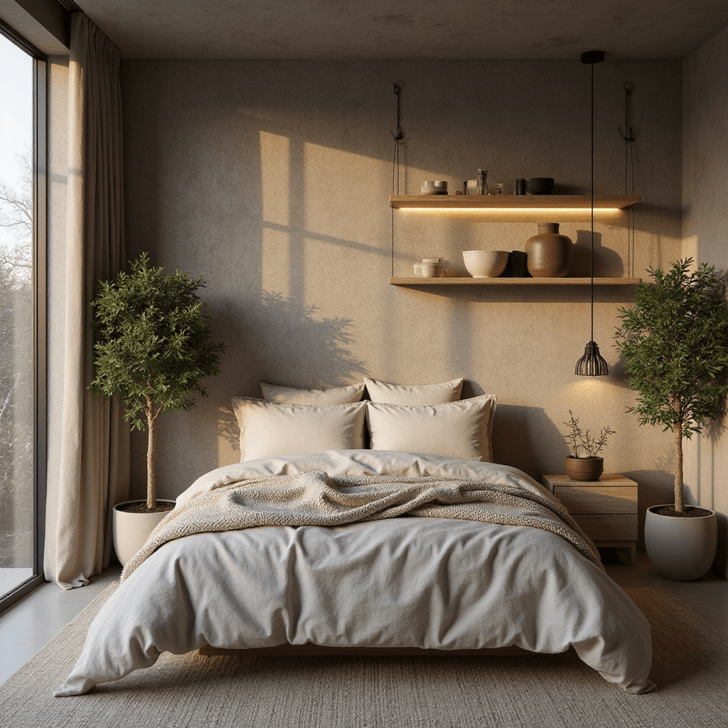 A spacious organic modern primary bedroom at dusk, featuring a California king bed with rumpled natural flax linen, surrounded by potted monstera and olive trees, and textured warm greige grasscloth wallpaper. The room is illuminated by architectural pendant lighting casting soft shadows, with bleached oak floating shelves displaying ceramic vessels, and a chunky cream wool throw draped asymmetrically.