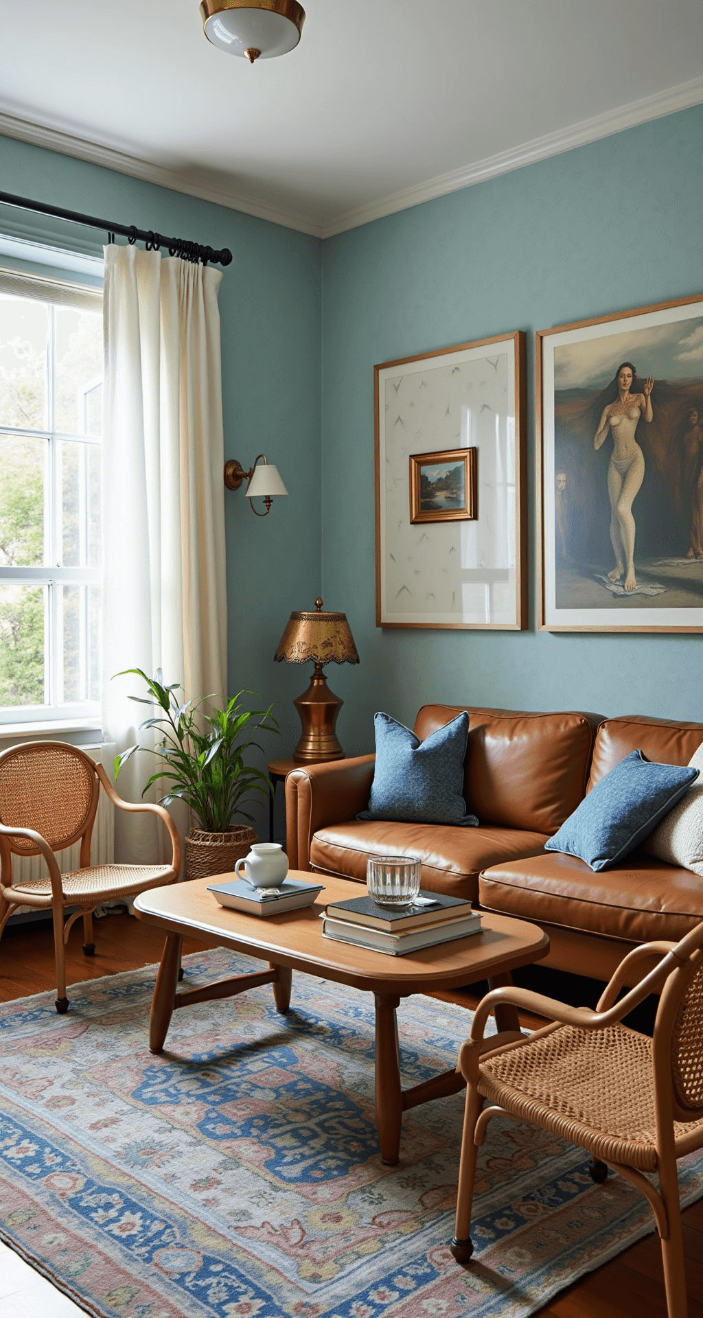 An eclectic living room featuring light blue grasscloth wallpaper, mid-century modern furniture including a cognac leather sofa and rattan accent chairs, vintage brass details, layered Turkish rugs in blue tones, abundant natural light and warm ambient lighting, along with global artifacts, contemporary art, and trailing plants.