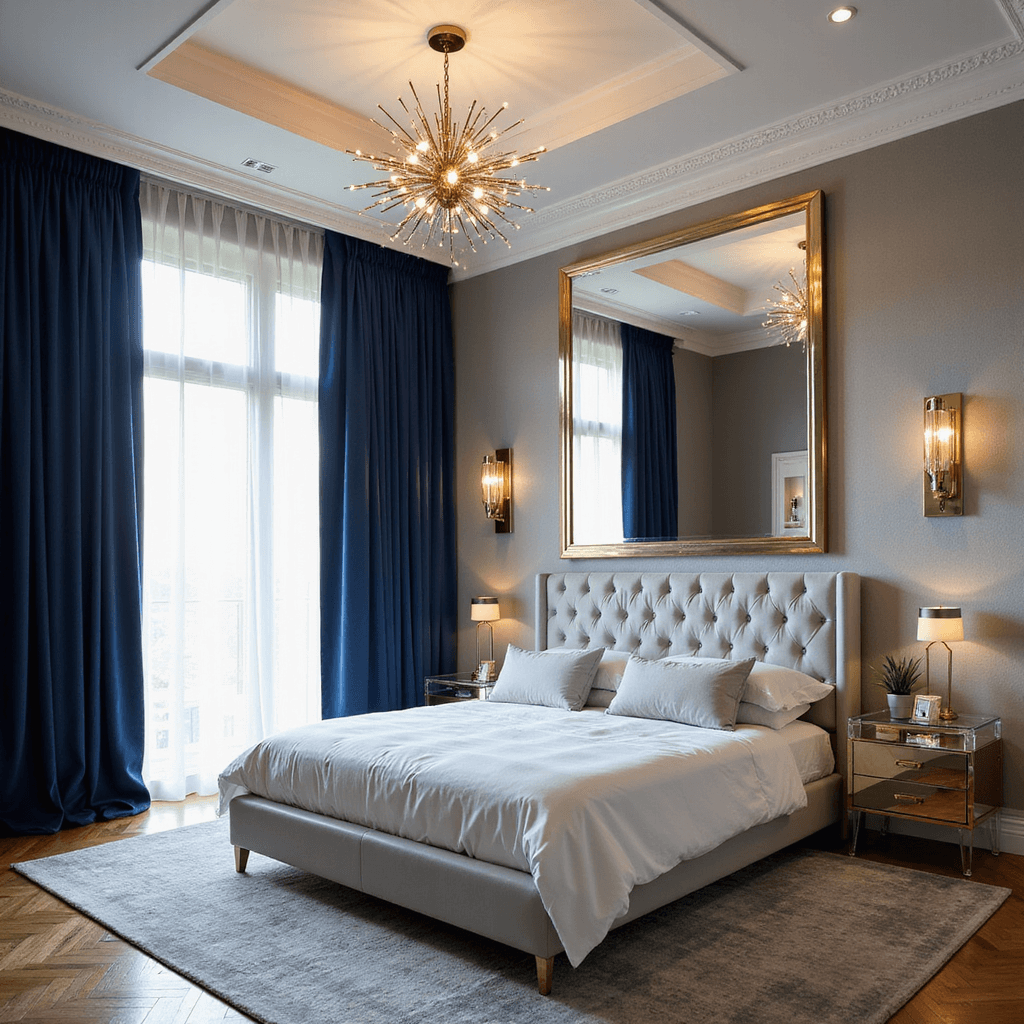 A luxurious contemporary bedroom suite featuring a king bed with a channel-tufted pearl gray leather headboard, lucite nightstands with brass accents, and deep navy velvet drapes. The room is illuminated by afternoon light, showcasing a 16ft tray ceiling with a modern sputnik chandelier, herringbone hardwood floors, and an oversized mirror with a floating brass frame, all emphasizing the elegance of the space.