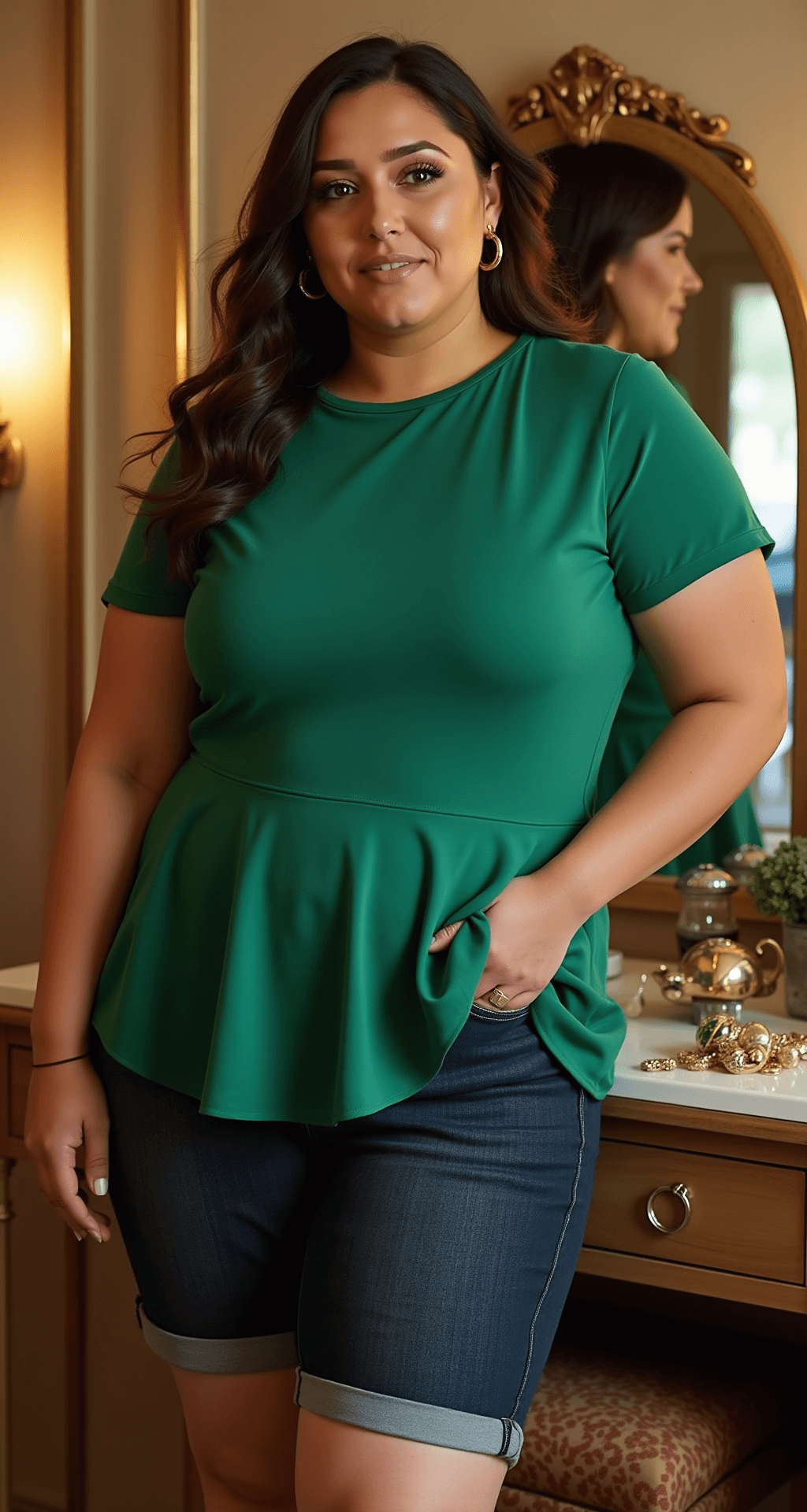 Close-up of a plus-size model in a luxurious dressing room, styling an emerald green peplum top with dark wash bermuda shorts, highlighting the fabric's drape and texture. Metallic accessories are scattered on a vintage vanity table, with warm ambient lighting enhancing the rich color tones.