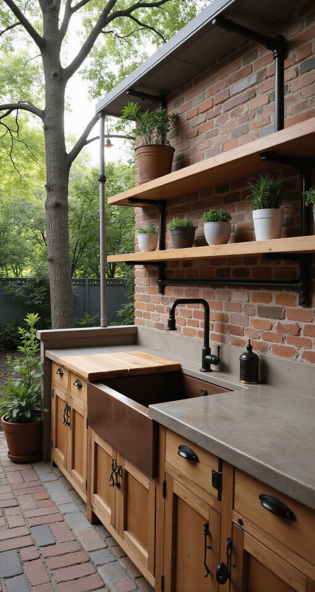 Rustic-industrial outdoor kitchen featuring a weathered copper workstation sink with bamboo cutting board inserts, surrounded by reclaimed wood cabinets and burnished concrete counters on a 15x18ft exposed brick patio. Soft morning light filters through a tree canopy, highlighting iron pipe shelving and vintage-style task lighting, with an integrated herb garden. Low angle shot emphasizes the texture contrasts.