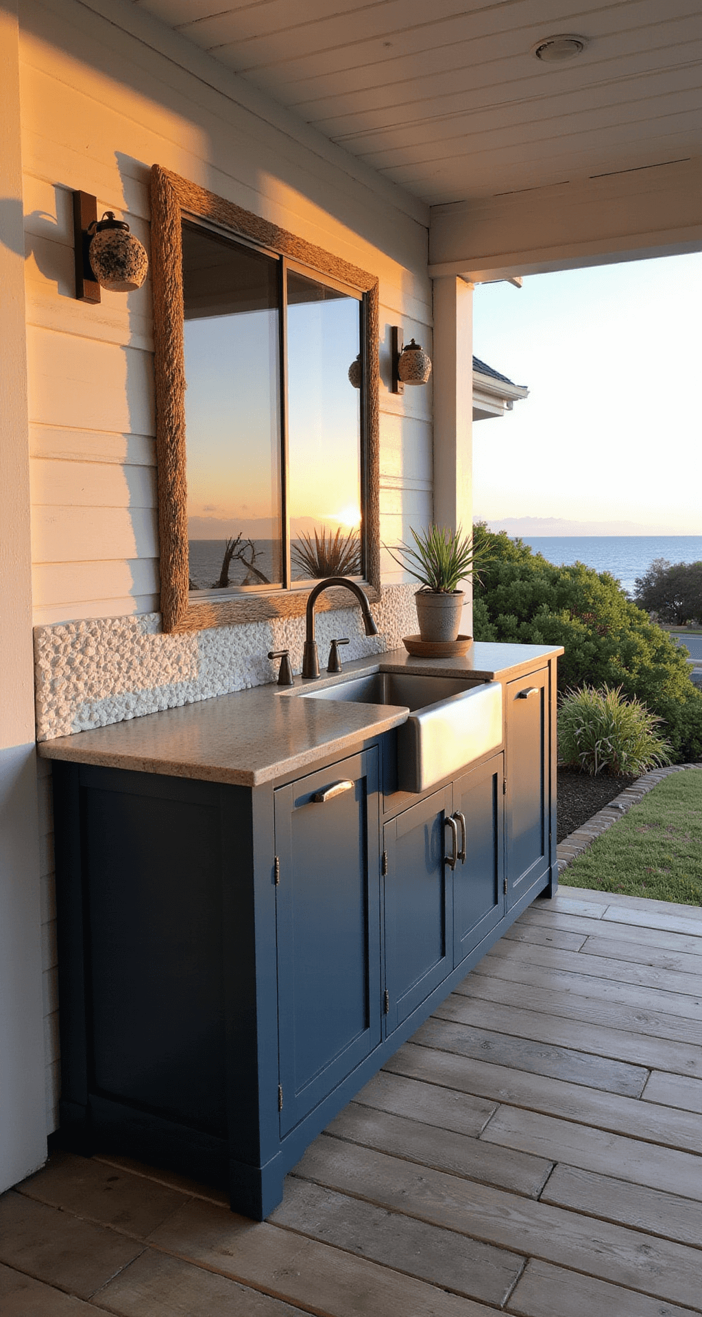 Coastal-inspired outdoor kitchen in a covered lanai during sunset, featuring a drop-in stainless steel double sink with a navy blue base cabinet, white shiplap walls, and driftwood-toned flooring. The image captures dramatic golden hour lighting and an ocean view, with a shell-textured backsplash, rope accents, and beach glass decor elements.