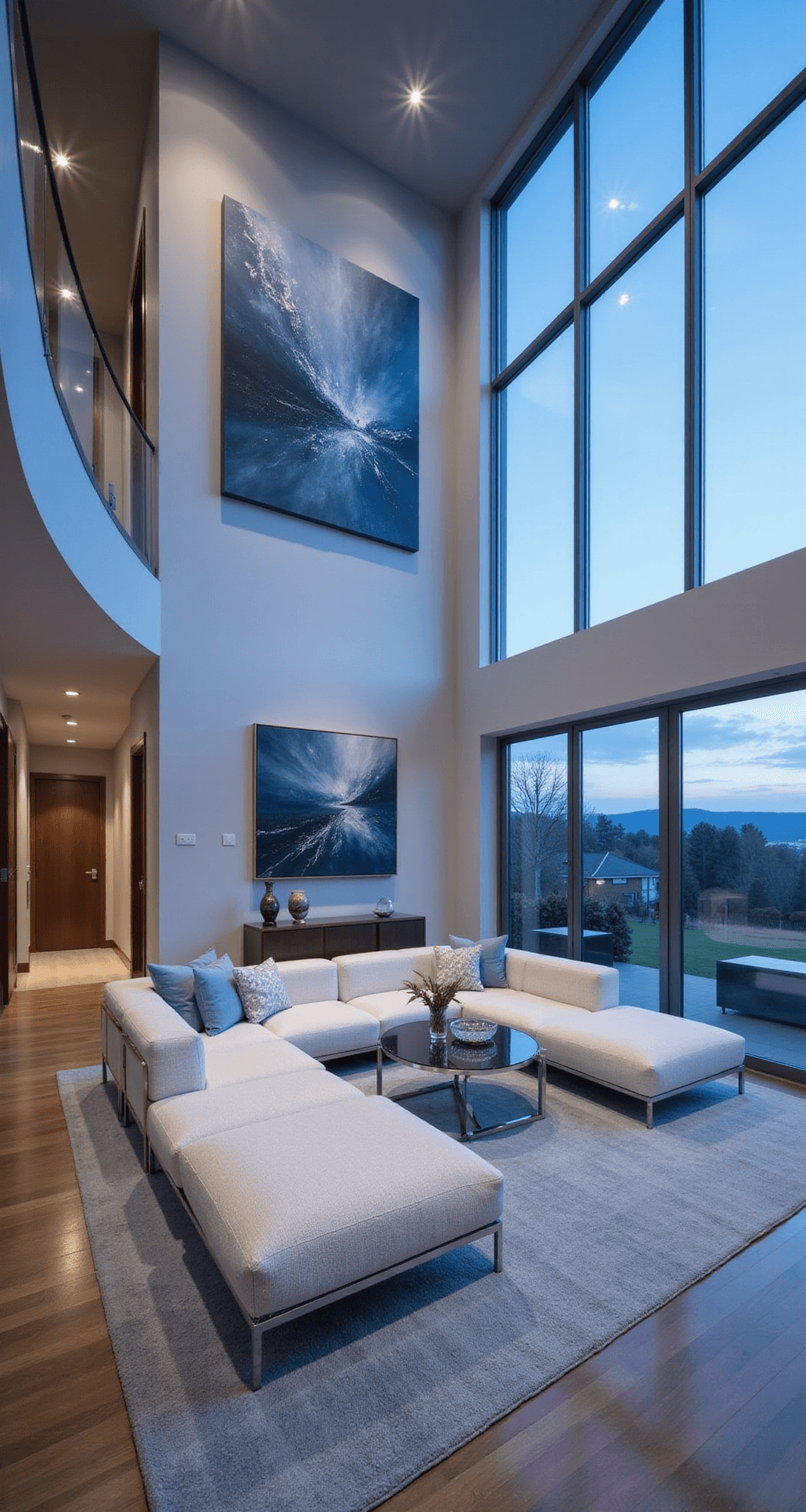 Open-concept living area featuring double-height windows, pale blue-gray walls, and a modular white bouclé sectional. The scene is illuminated by twilight blue hour light, highlighting an oversized abstract canvas and geometric sculptures, with dramatic uplighting enhancing architectural elements.