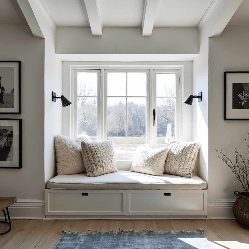 Scandinavian-inspired bedroom nook bathed in morning light, featuring exposed white beams, a built-in window seat with storage, sheepskin throws, chunky knit pillows, minimal black metal sconces, a floating shelf with black and white photography, pale oak floors, and a vintage overdyed rug in muted blue.