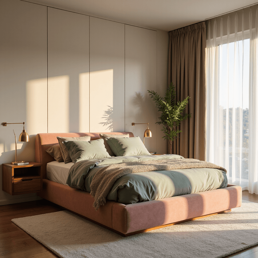 A cozy 12x14ft bedroom bathed in golden hour light, featuring a dusty rose velvet platform bed with built-in storage, walnut nightstands with brass lamps, and a modular cream wardrobe, all set against a backdrop of sheer white curtains and layered textures including an ivory rug and sage green bedding.
