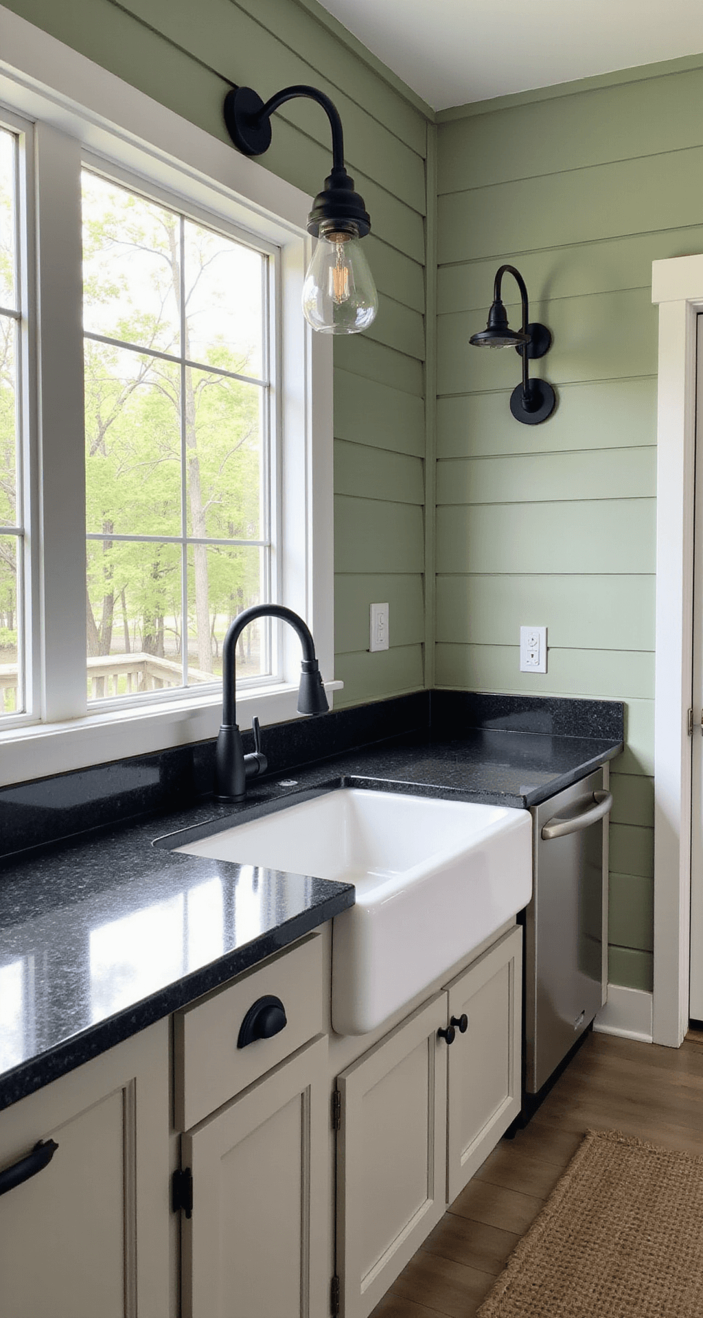 Modern farmhouse outdoor kitchen featuring a large white fireclay apron sink and dark granite counters, set in a 14x22ft screened porch with sage green planked walls, complemented by black matte fixtures and vintage-style pendant lighting, all illuminated by bright, even afternoon light.