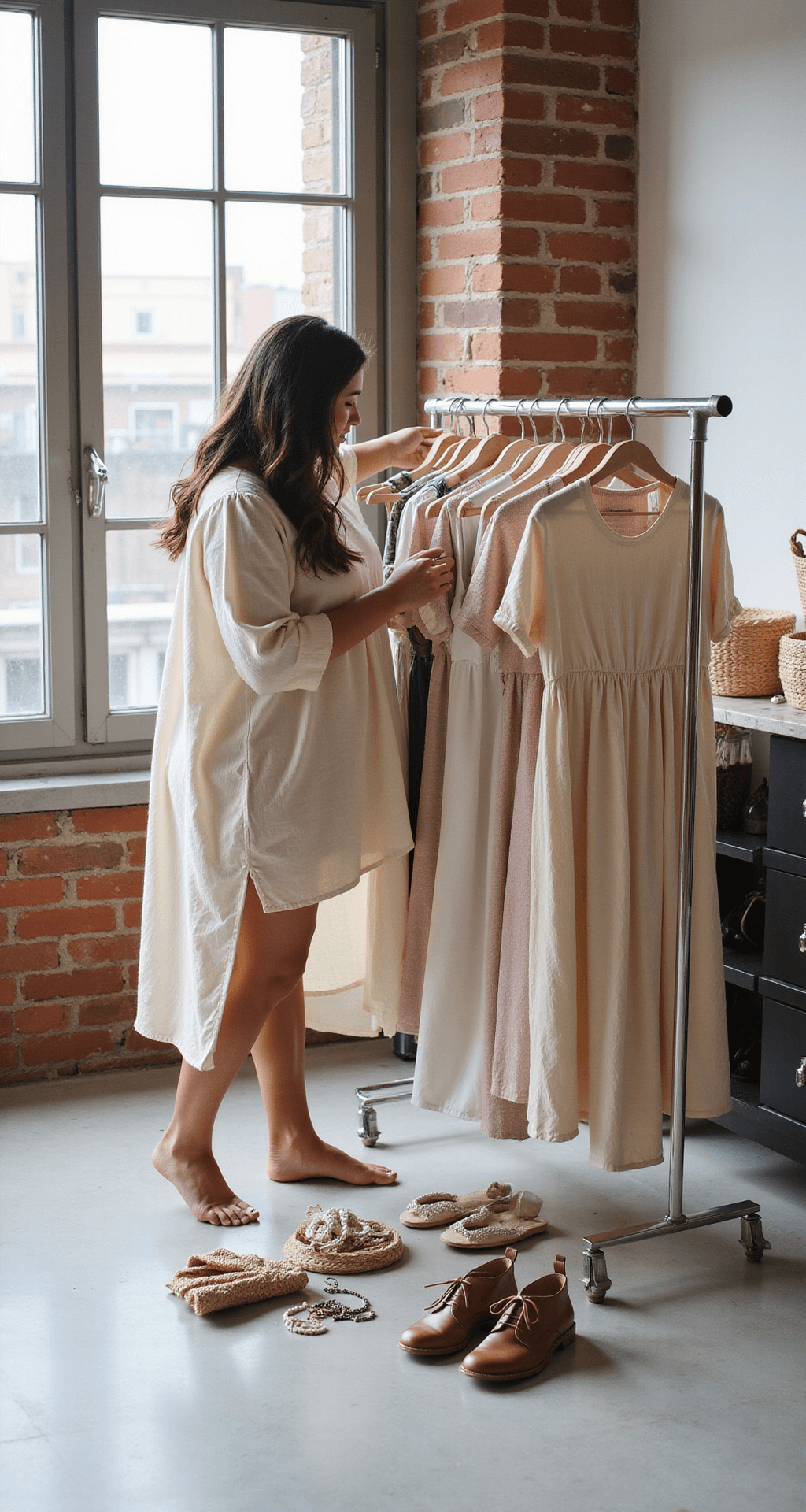 A chic urban loft bathed in early morning light showcases a plus-size model arranging a summer capsule wardrobe, featuring flowy tunics and maxi dresses in pastel and neutral tones on a clothing rack. Nearby, organized accessories like straw bags, leather sandals, and delicate jewelry are displayed, with flat lay elements on a marble surface, all captured from above in a lifestyle documentary style.