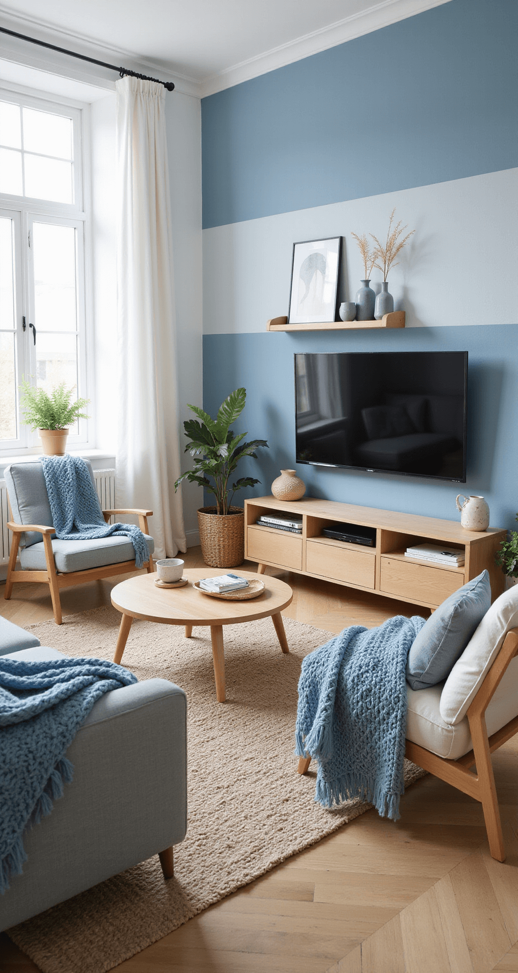 A cozy Scandinavian-inspired living room featuring a light blue color-blocked wall, blonde wood furniture, and morning light filtering through white linen curtains. Decorated with chunky knit throws, ceramic vessels, and minimalist art, the space exudes warmth and comfort.