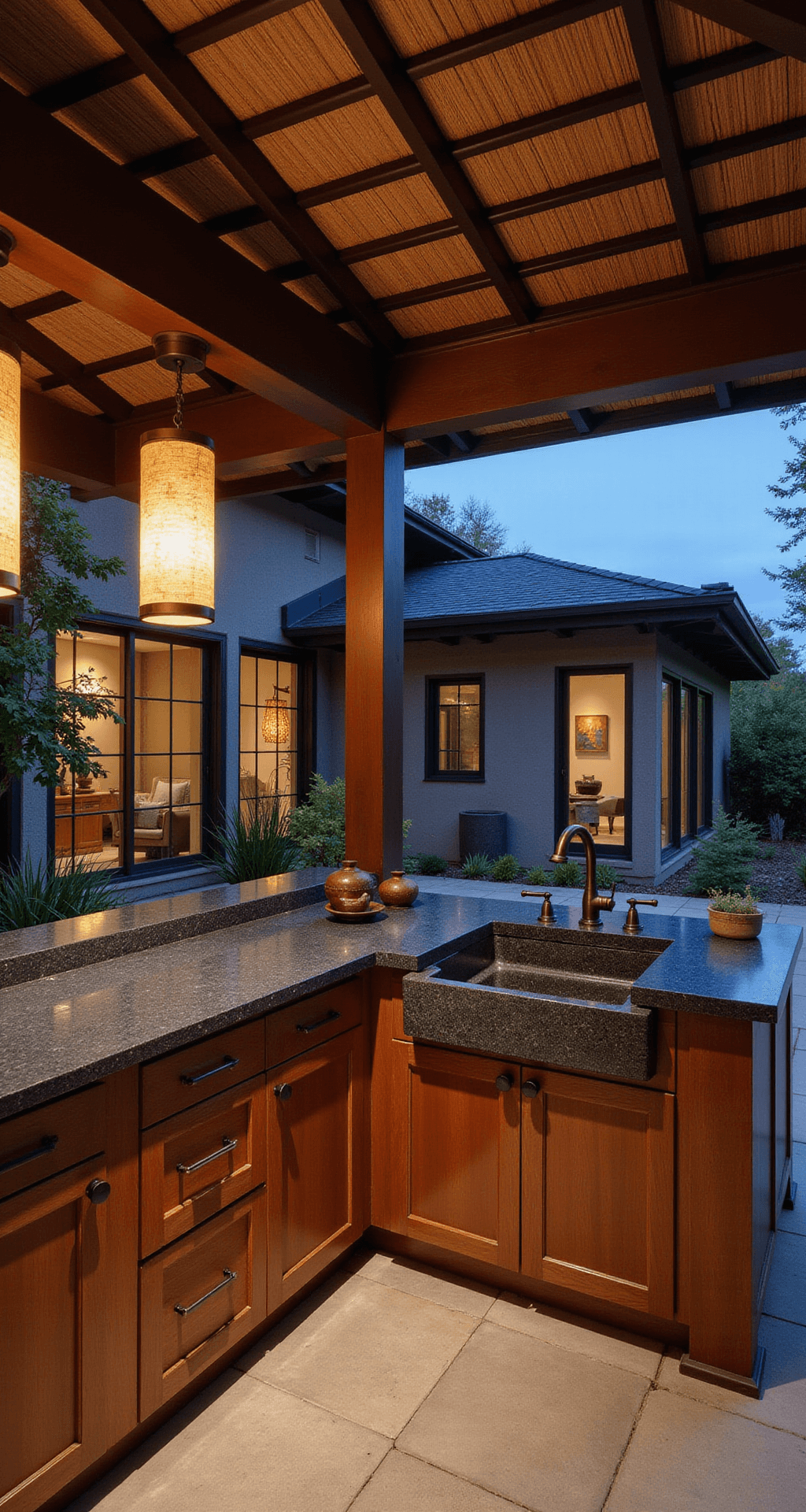 Asian-inspired outdoor kitchen at dusk featuring an 18x25ft pavilion with a bamboo roof, undermount granite composite sink in charcoal gray, teak cabinetry, and black stone counters. The moody atmosphere is enhanced by paper lantern lighting, with bronze fixtures and pottery accessories, alongside zen garden elements visible through the windows.