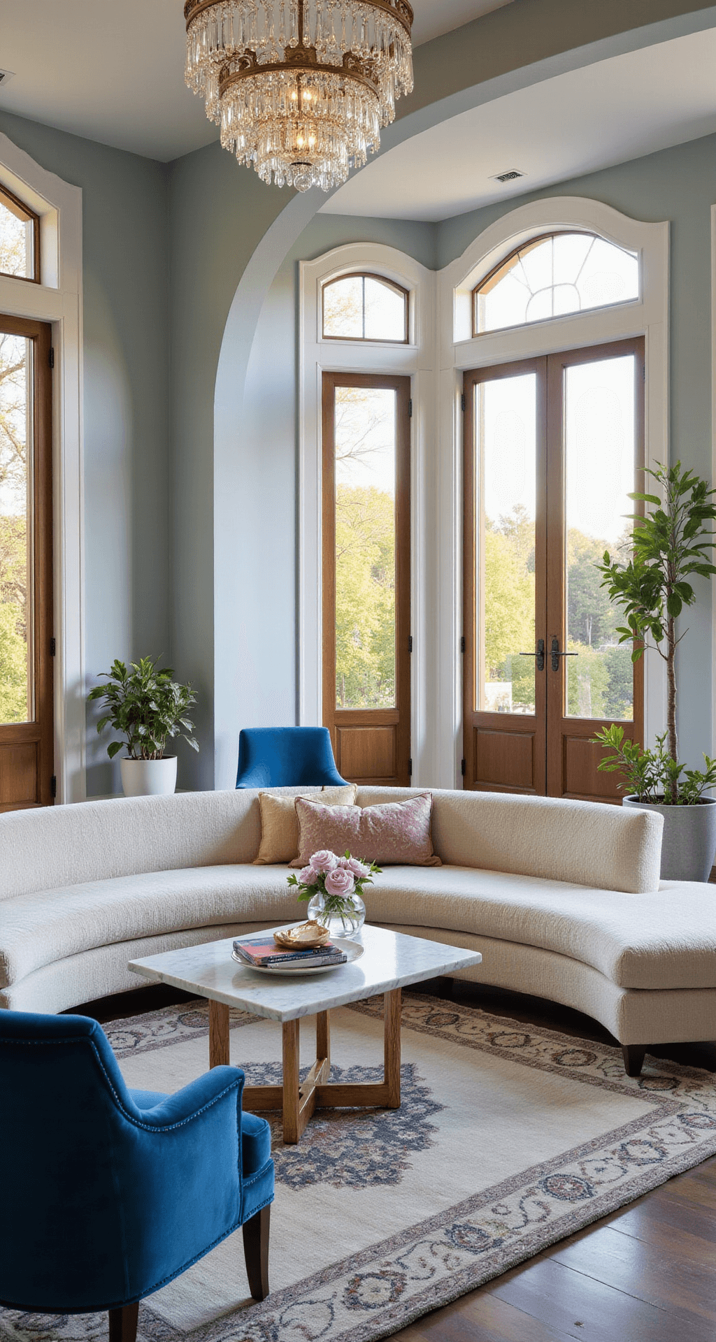 Luxe living space featuring pale blue venetian plaster walls, a cream bouclé sofa, blue velvet accent chairs, and a marble coffee table, illuminated by golden hour sunlight through arched windows, with architectural details and elegant decor.