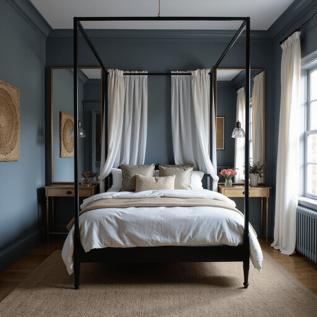 A dimly lit bedroom featuring a dramatic black metal canopy bed with white draped curtains, cool blue-gray walls, large mirrors, modern glass pendant lights, a brushed gold console table, and cozy textural elements like silk pillows and a vintage-inspired wool rug.