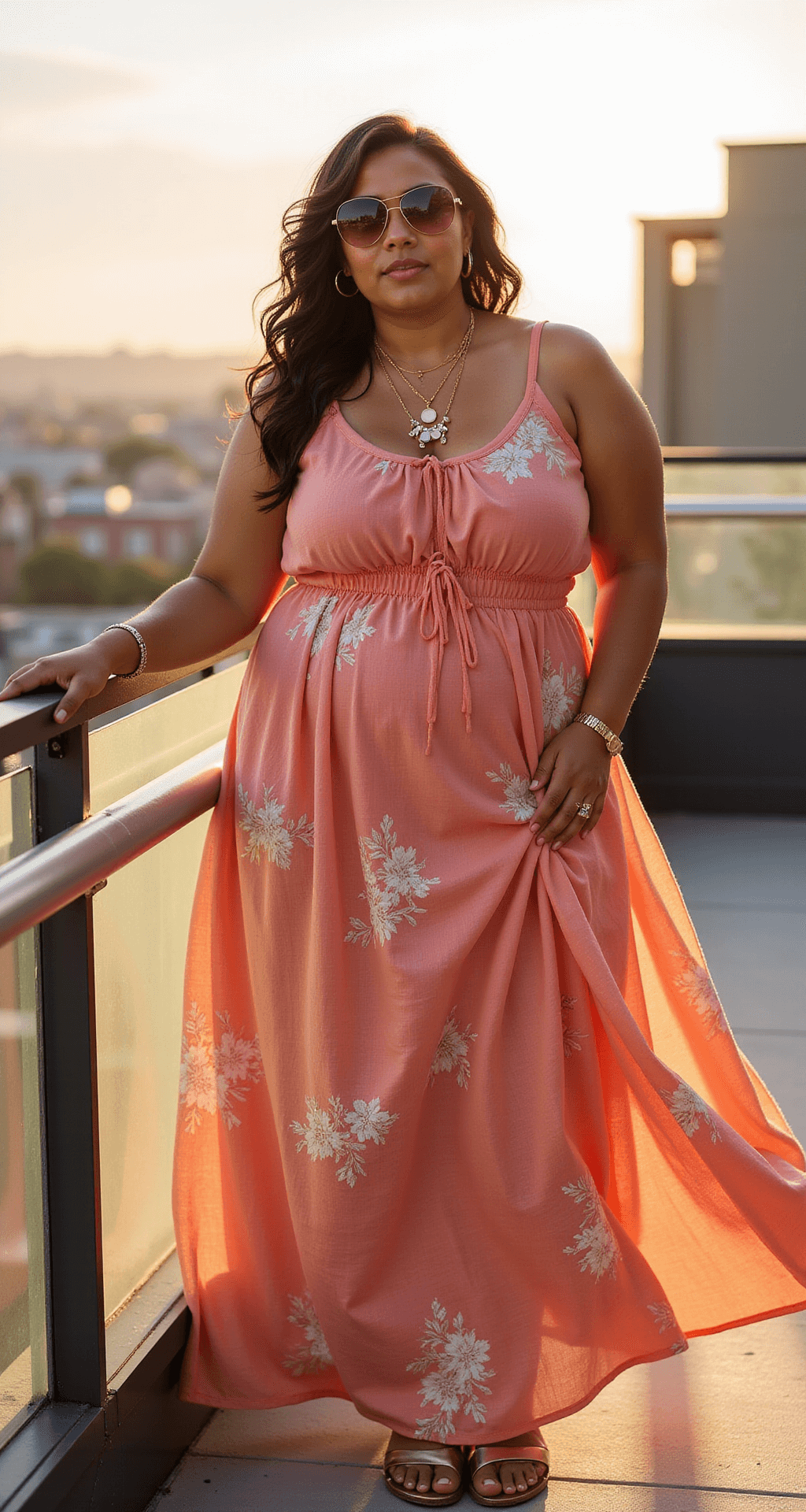A plus-size model in a coral linen maxi dress stands gracefully on a sunlit rooftop terrace at golden hour, accessorized with gold jewelry and oversized sunglasses, as the flowing fabric catches the breeze.