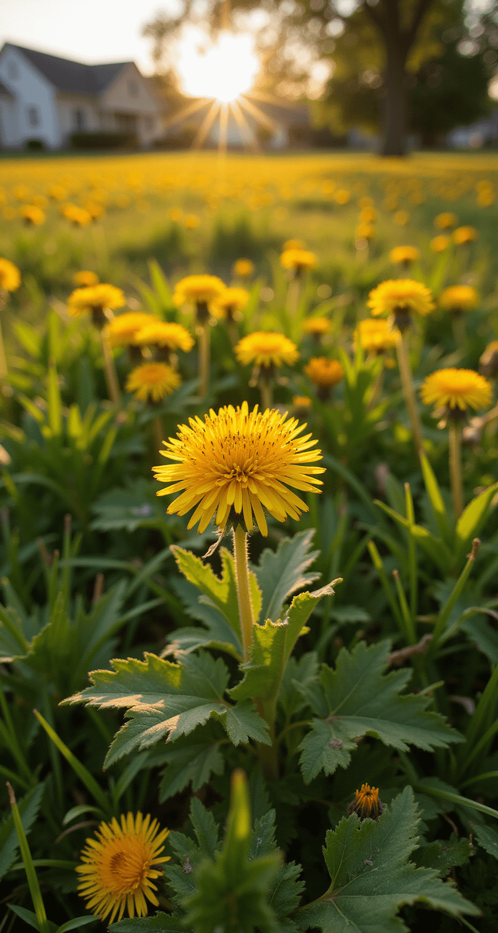A macro photograph capturing a worm's eye view of a suburban lawn infested with dandelions at golden hour, featuring bright yellow blooms and delicate seed heads, with warm sunlight casting long shadows and creating a natural bokeh effect. The foreground highlights a prominent dandelion with detailed textures in its leaves and flower structure, shot at f/2.8.