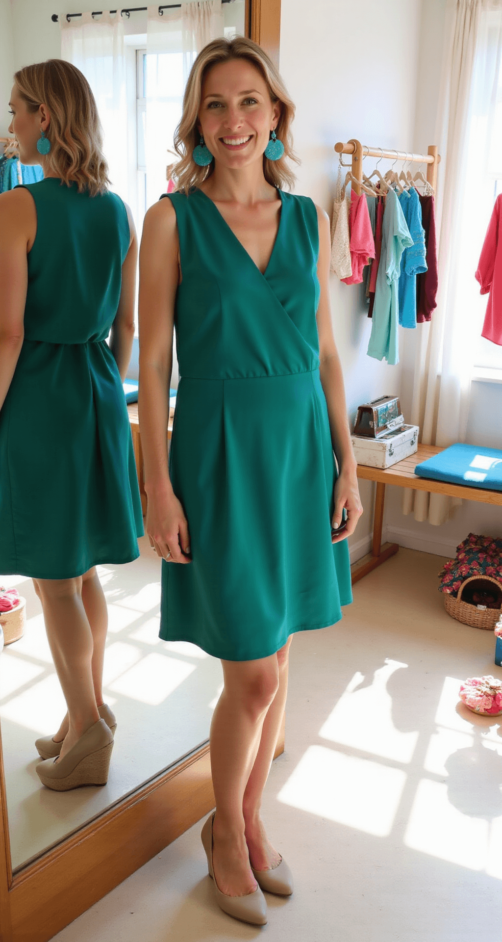 Model in an emerald green A-line shift dress stands in a bright boutique dressing room, featuring floor-to-ceiling mirrors and natural light, complemented by turquoise earrings and nude wedge sandals, with colorful accessories in the background.