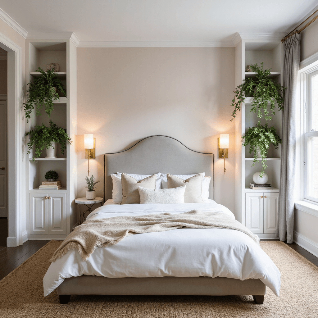 A bright mid-morning bedroom featuring floor-to-ceiling built-in storage, a curved pearl gray velvet headboard, floating shelves with trailing plants, twin brass sconces, pale blush walls, a round marble-topped side table, a handwoven jute rug, crisp white linens, and mohair accent pillows, all illuminated with natural light.