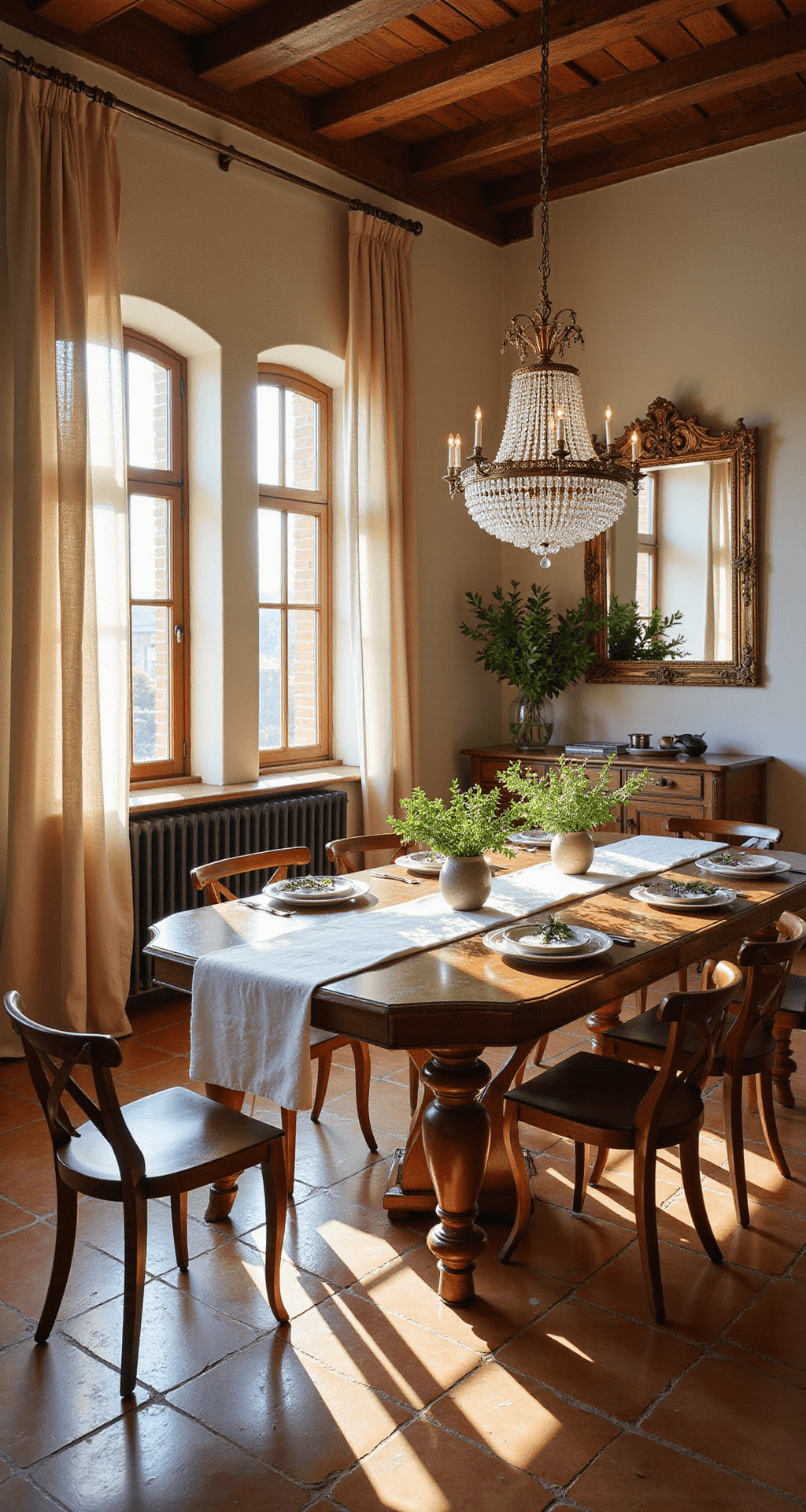 A sunlit Italian dining room featuring a large walnut table, arched windows with sheer drapes, and a brass chandelier, with olive branches on the table and Venetian plaster walls.