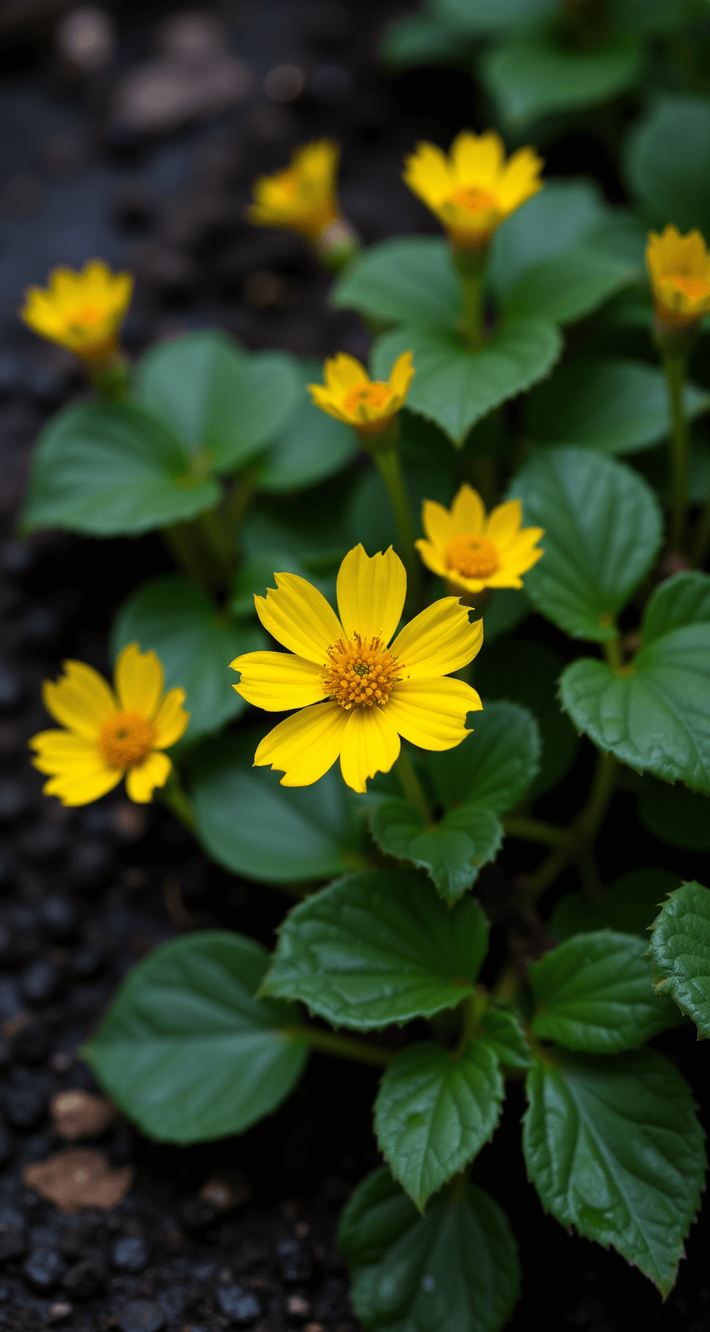 High-angle shot of a dense patch of glossy yellow creeping buttercup flowers in a shadowy, waterlogged garden corner, with visible water droplets on waxy leaves and extending runners, captured in soft natural light.