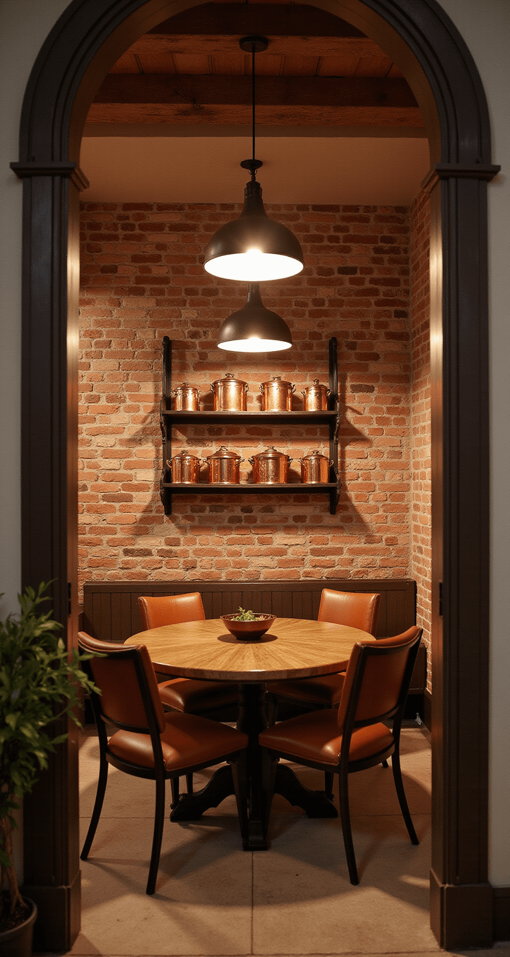 Intimate rustic Italian dining space at dusk featuring exposed brick walls, a reclaimed oak round table with leather-backed chairs, and glowing oil-rubbed bronze pendant lights, viewed through an antique arch doorway.