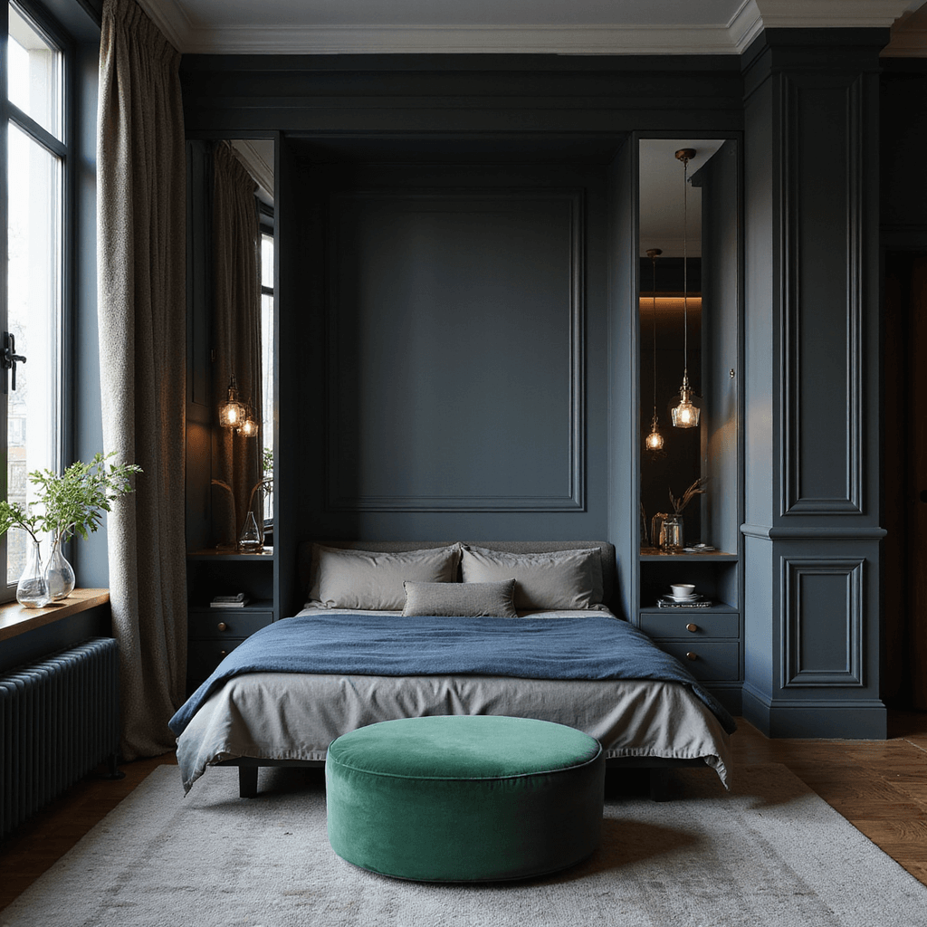 A cozy twilight bedroom featuring a custom navy murphy bed, gray walls, mirror-fronted wardrobes, an emerald green velvet ottoman, and rich textures like grasscloth wallpaper and silk drapery, all captured in moody lighting.