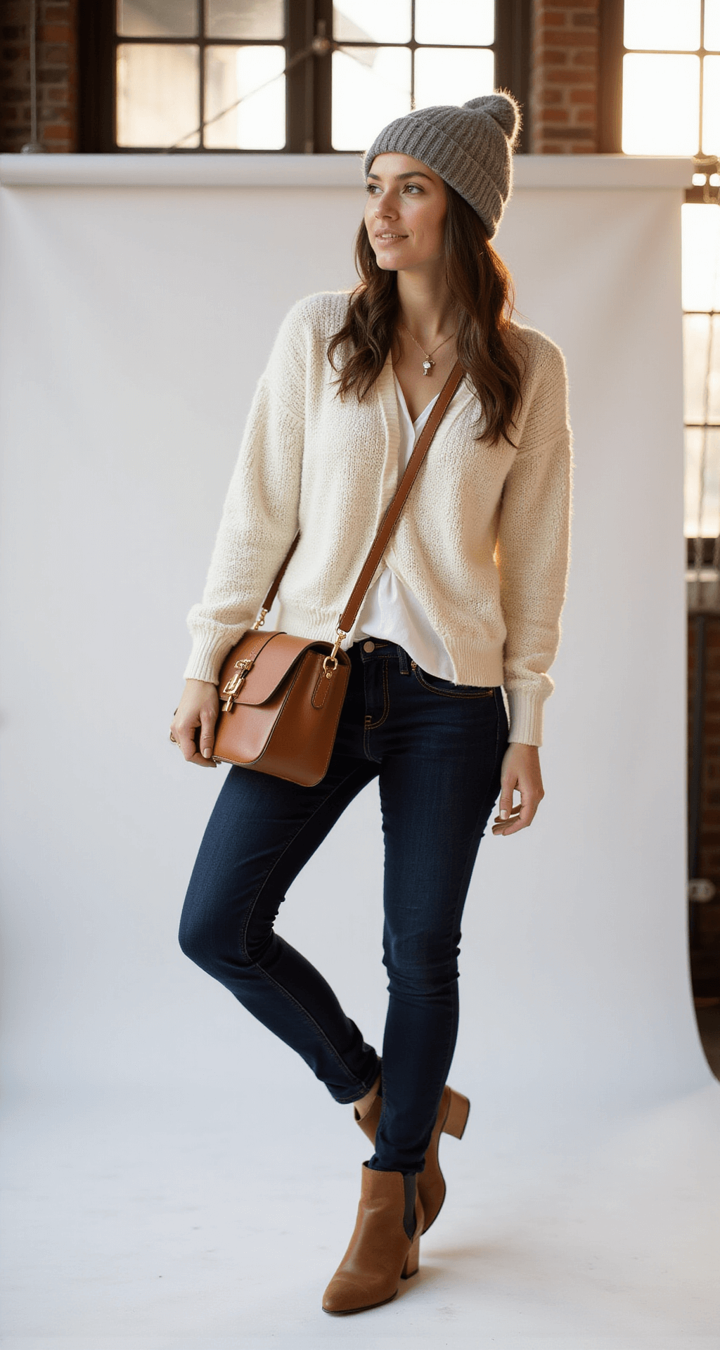 Aerial view of a curated seasonal outfit featuring a cream chunky knit cardigan, dark wash skinny jeans, camel ankle boots, and a gray cashmere beanie, complemented by a vintage leather crossbody bag and minimal gold jewelry, all arranged on a clean white backdrop with golden hour sunlight streaming through industrial windows.